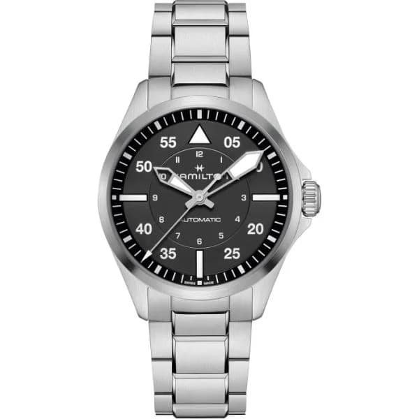 Hamilton Montre Hamilton Khaki Aviation Pilot Automatique Cadran Noir Bracelet Acier 39 mm