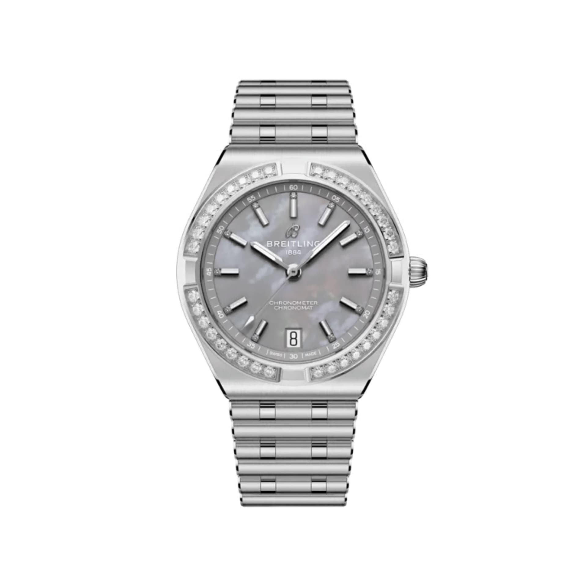 Breitling Montre Breitling Chronomat automatique cadran nacre grise lunette sertie de diamants bracelet acier Rouleaux 36 mm