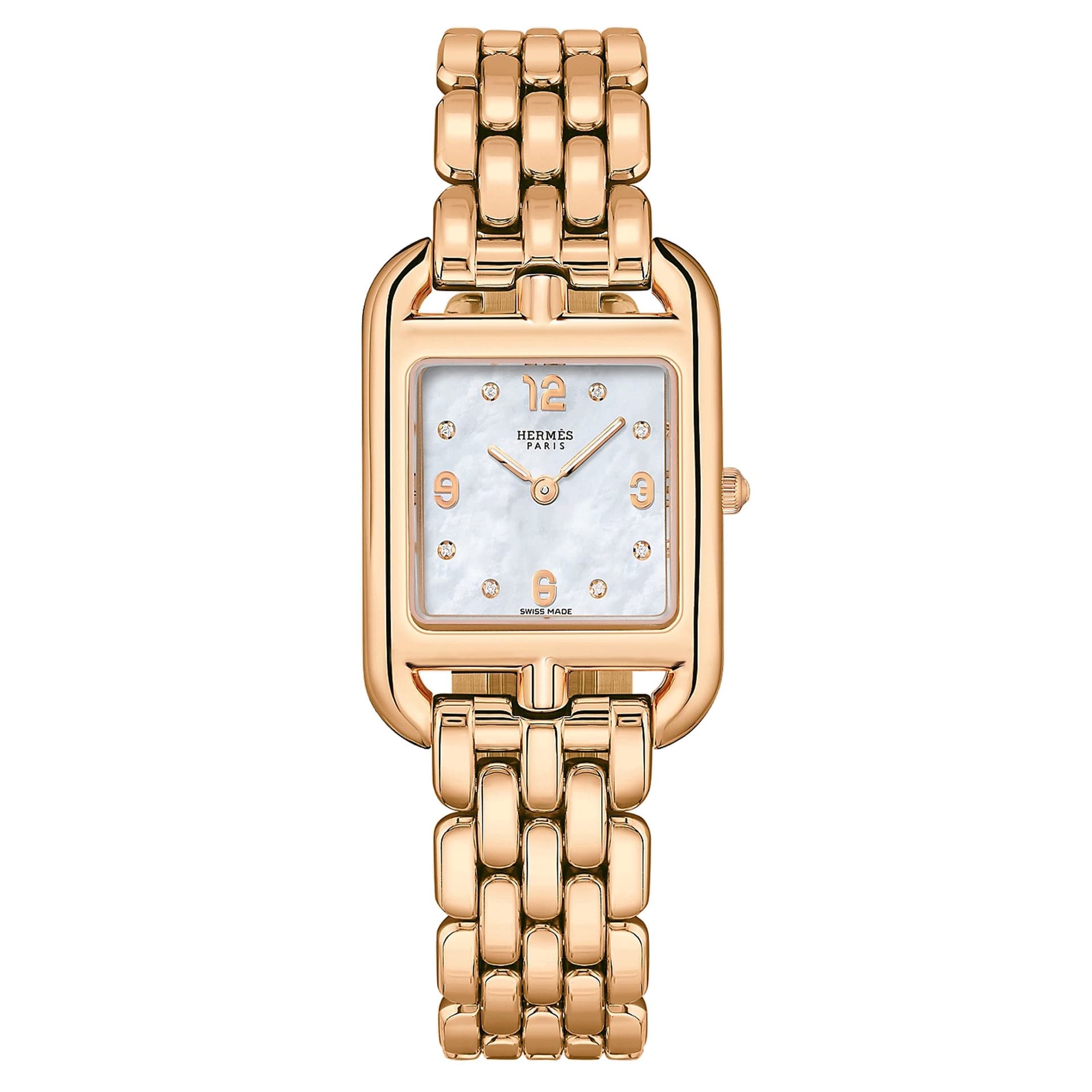 Hermès Montre HERMÈS Cape Cod Petit Modèle Or Rose quartz index diamants cadran nacre blanche bracelet or rose 31 mm