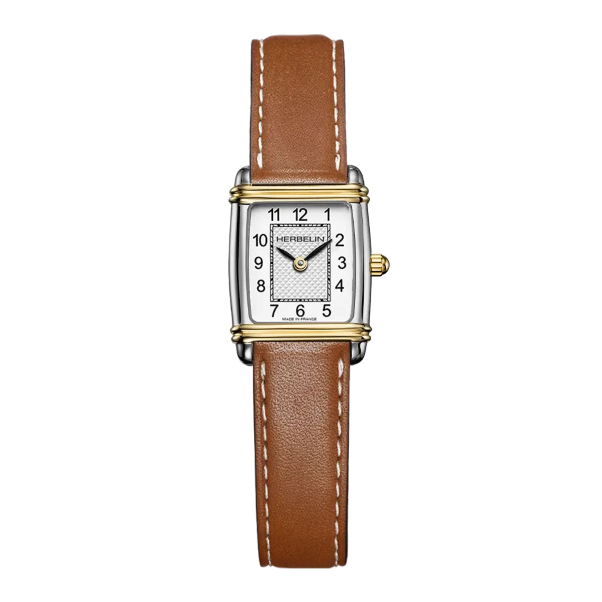 Michel Herbelin Montre Herbelin Art Déco Tonneau quartz cadran argent blanc bracelet cuir camel 17.8 x 19.4 mm
