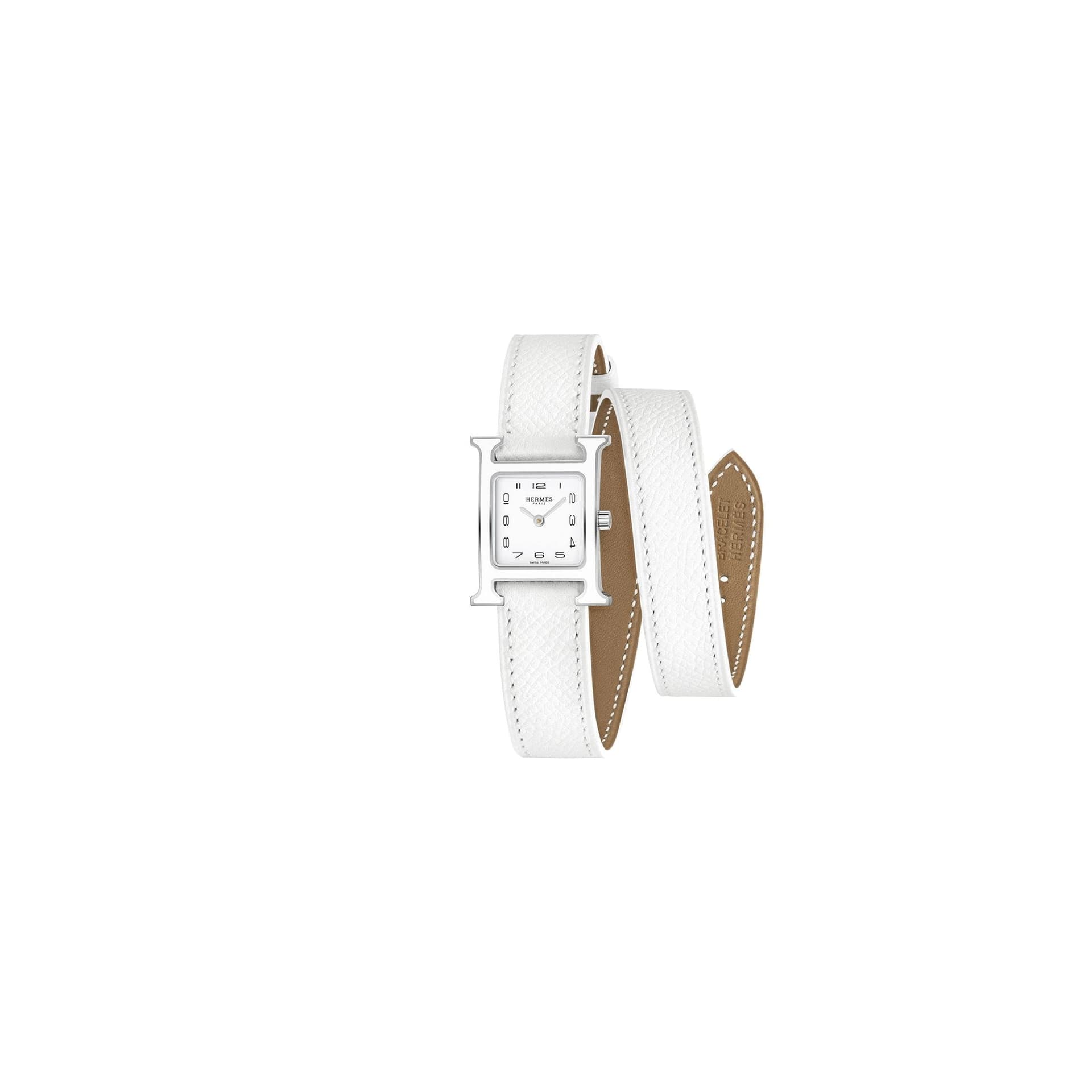 Hermès Montre HERMÈS Heure H Petit Modèle quartz cadran blanc bracelet cuir blanc double tour 21 mm