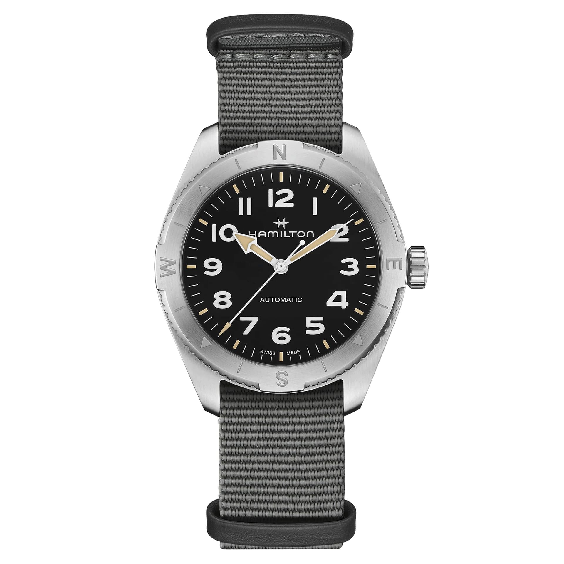 Hamilton Montre Hamilton Khaki Field Expedition automatique cadran noir bracelet NATO gris 41 mm