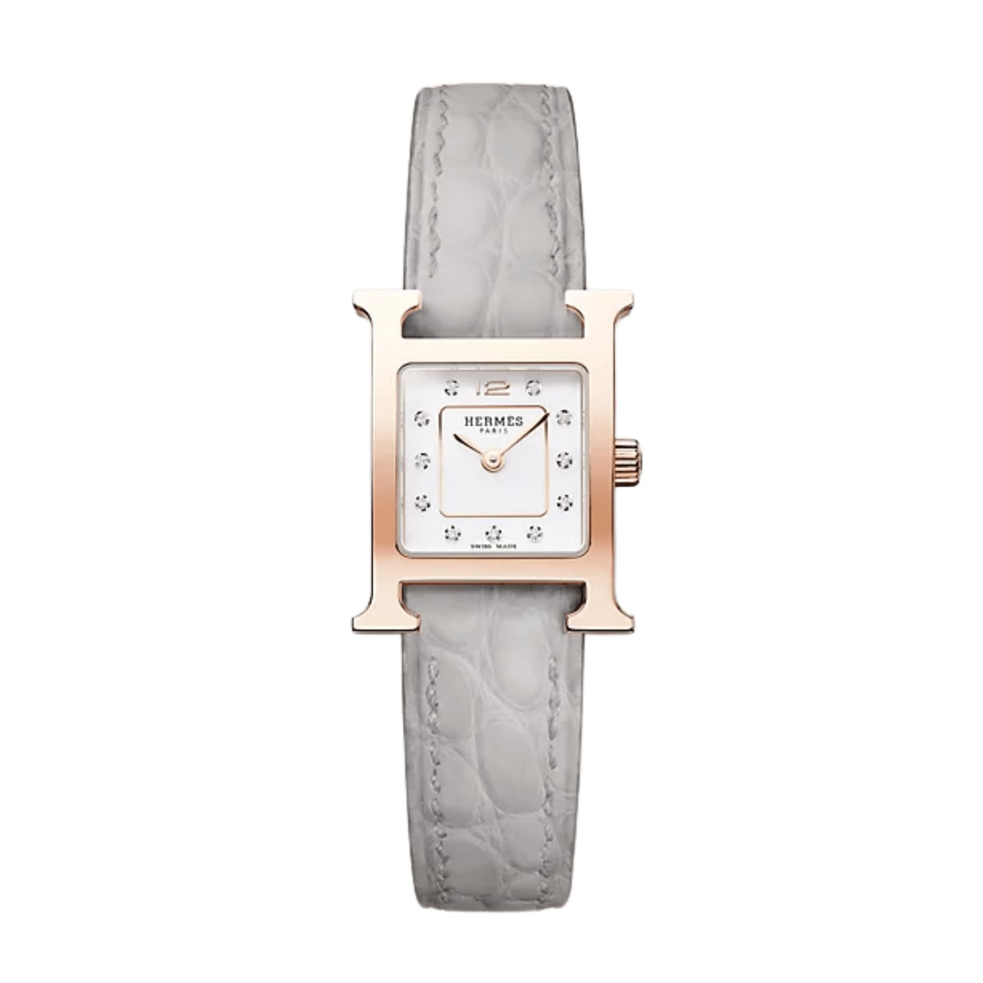 Hermès Montre HERMÈS Heure H Mini Modèle plaqué or rose quartz cadran laqué blanc bracelet cuir gris 21 mm