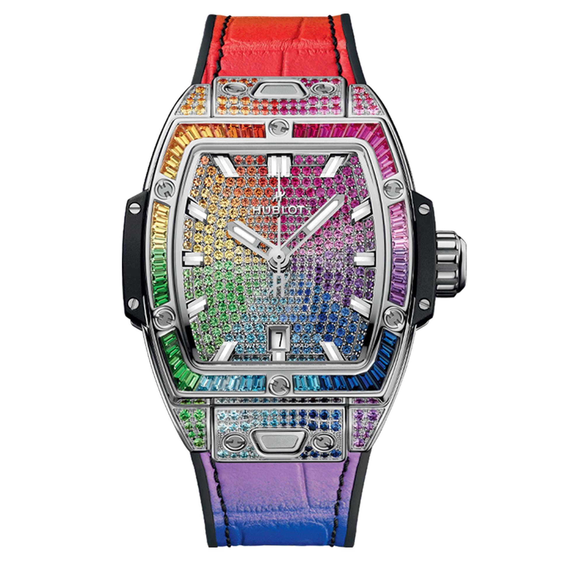 Hublot Montre Hublot Spirit of Big Bang Steel Rainbow automatique cadran pierres colorées bracelet caoutchouc cuir multicolore 32 mm