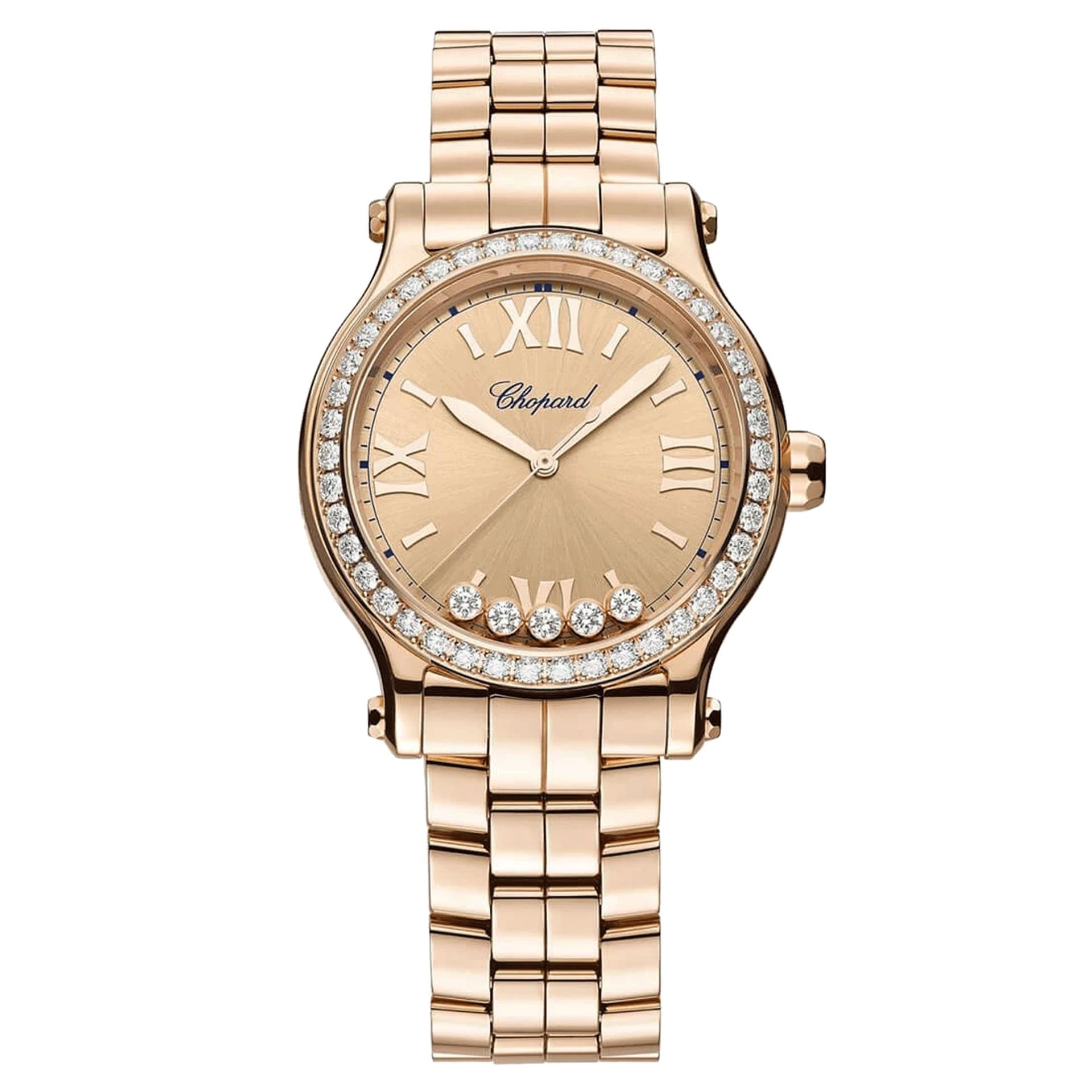 Chopard Montre Chopard Happy Sport Or Rose automatique lunette sertie cadran doré bracelet or rose 33 mm