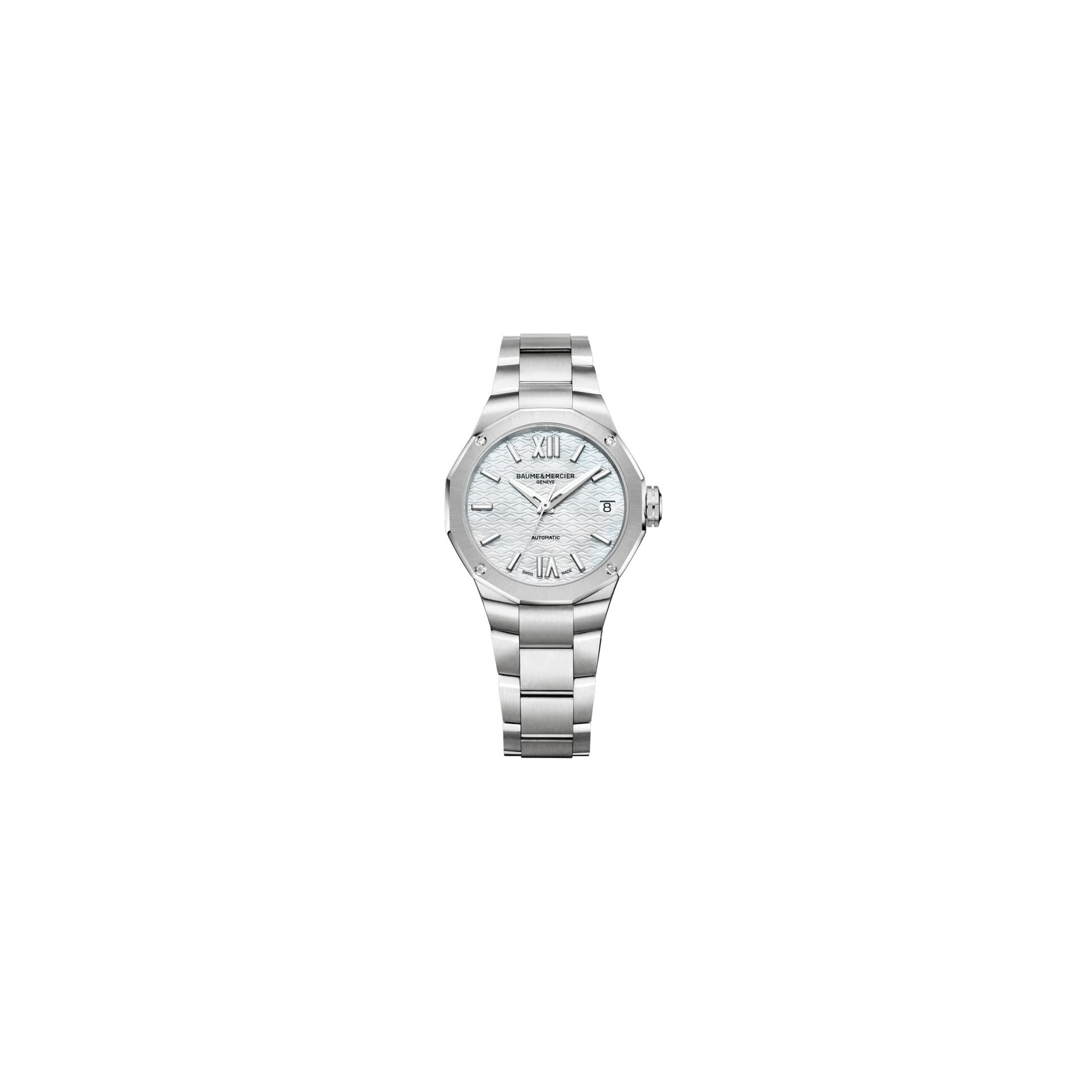 Baume & Mercier Montre Baume et Mercier Riviera automatique lunette sertie cadran nacre blanche bracelet acier 33 mm