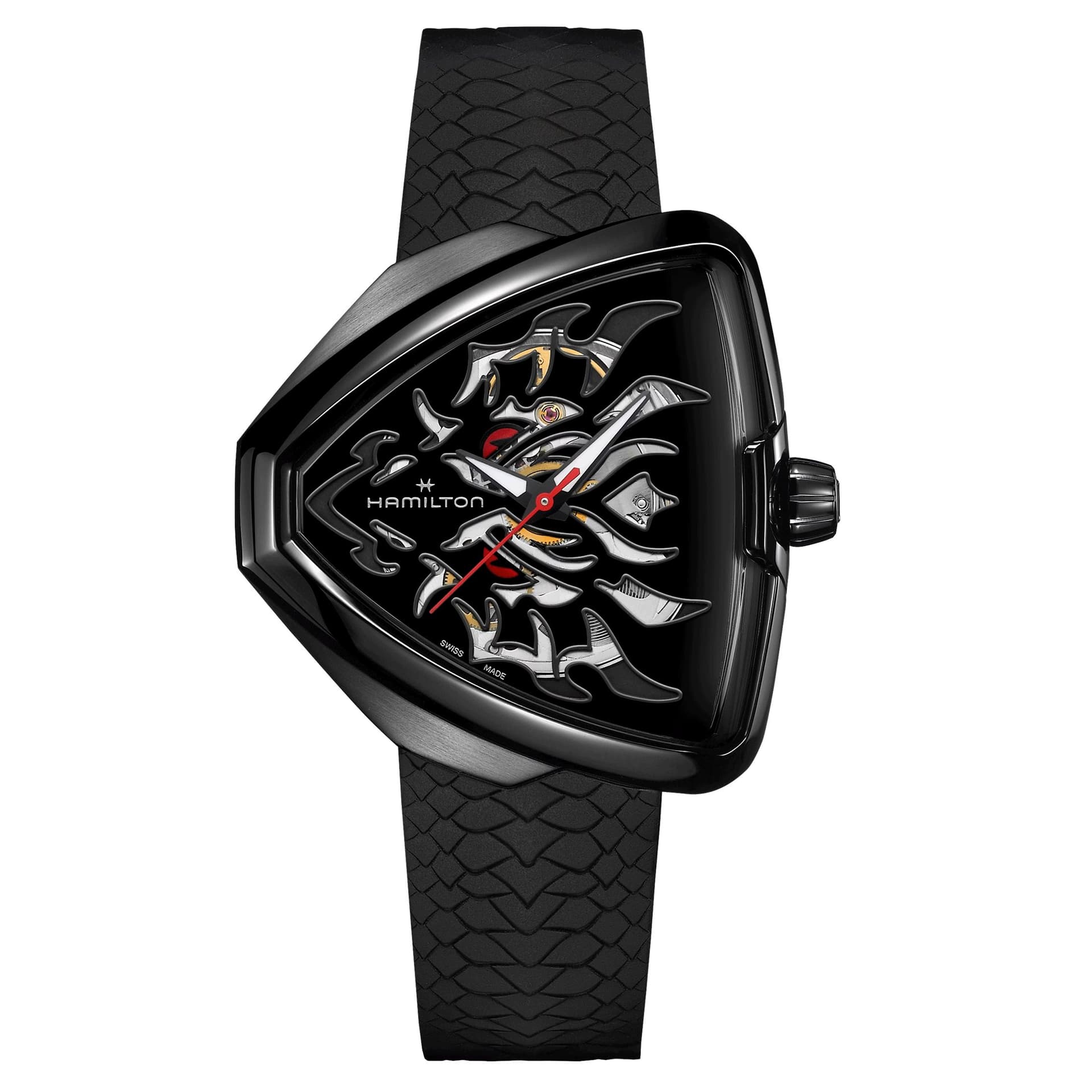 Hamilton Montre Hamilton Ventura Elvis80 Skeleton PVD Noir automatique cadran noir bracelet caoutchouc noir 42,50 x 44,60 mm