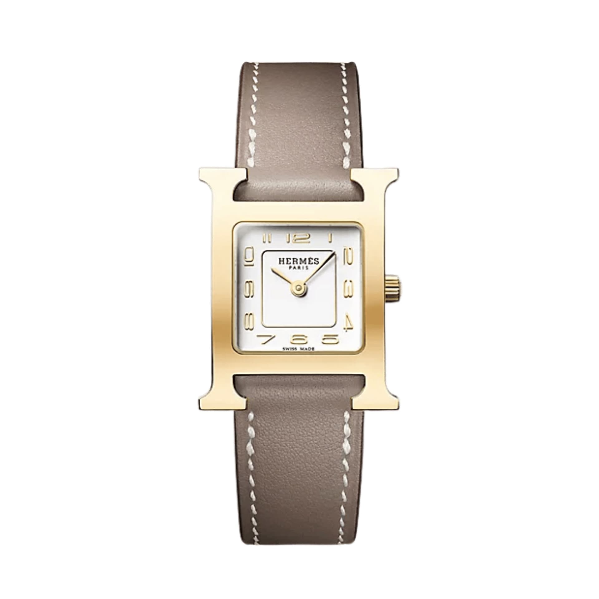 Hermès Montre HERMÈS Heure H Petit Modèle PVD quartz cadran argenté bracelet cuir étoupe 25 mm