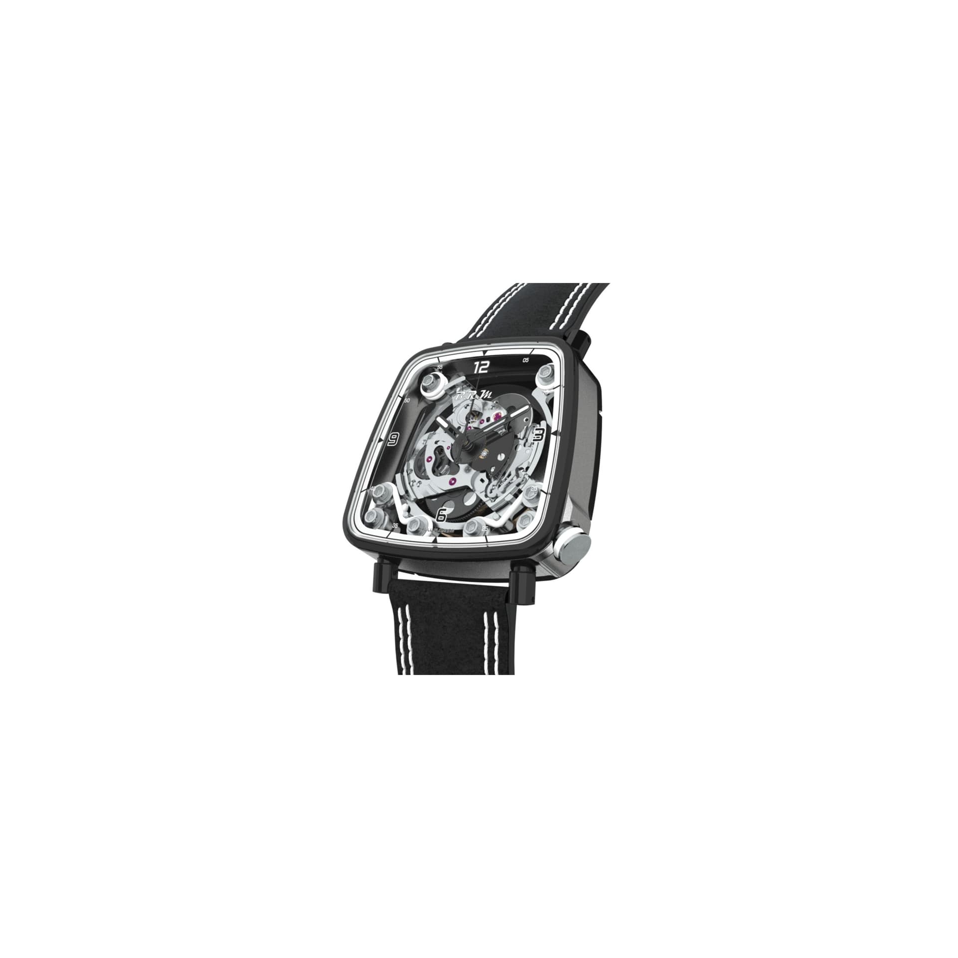 B.R.M Montre B.R.M FF39-40 automatique titane PVD noir couronne laque blanche cadran squelette bracelet cuir Alcantara noir 40 mm