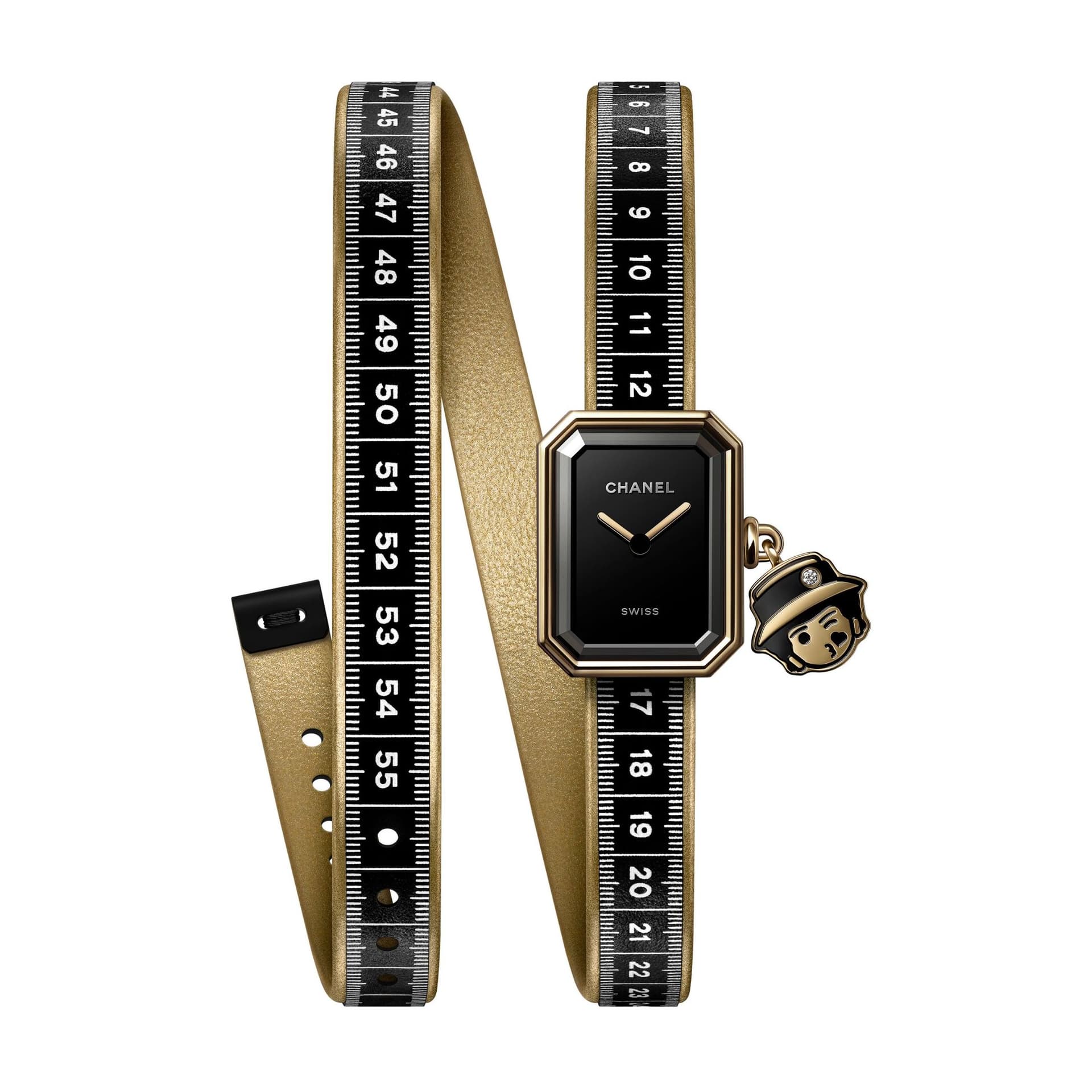Chanel Montre CHANEL Première Ruban Couture quartz Or jaune et titane cadran laqué noir bracelet cuir noir et doré 19,7 mm