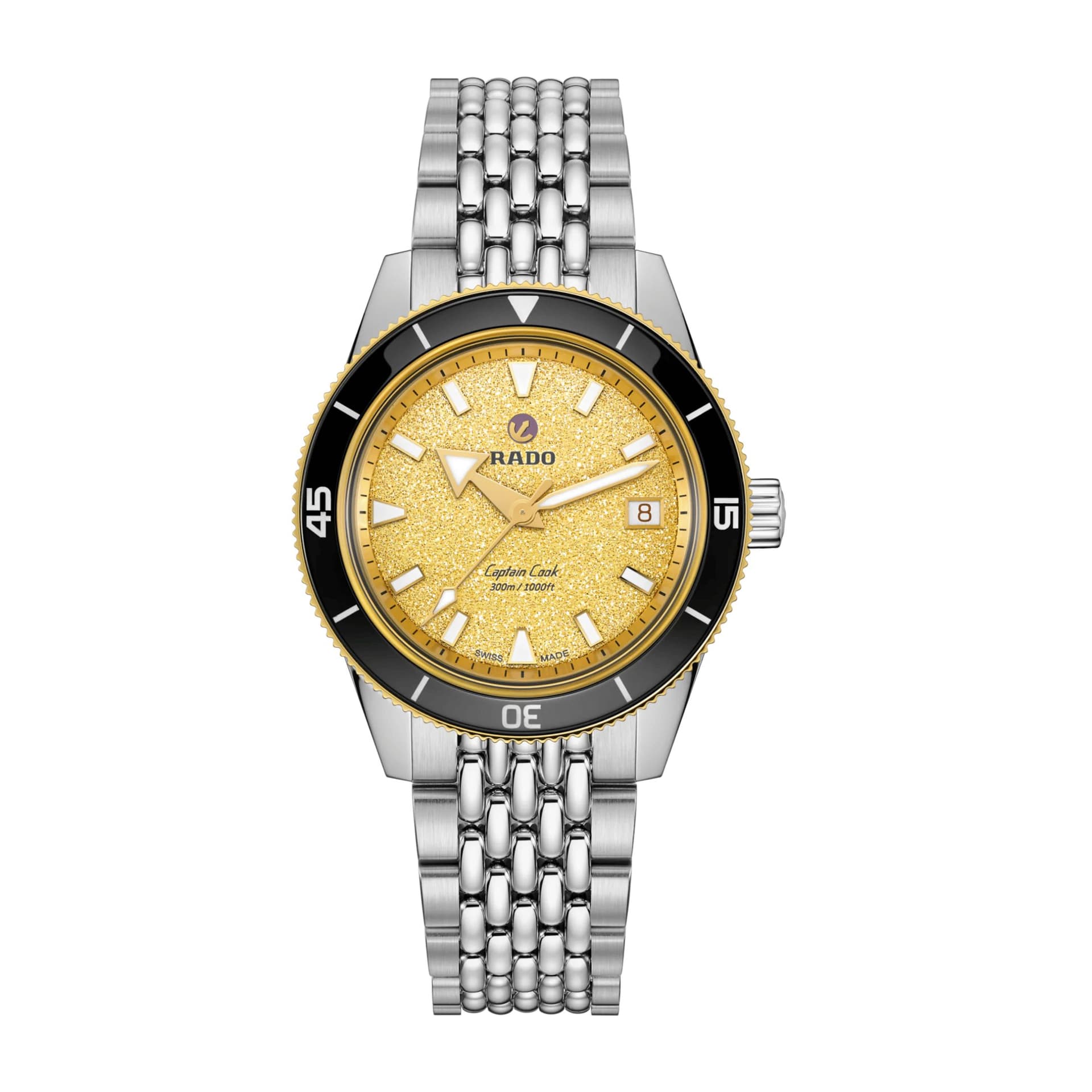 Rado Montre Rado Captain Cook automatique cadran jaune, bracelet en acier inoxydable, bracelet en caoutchouc 39 mm