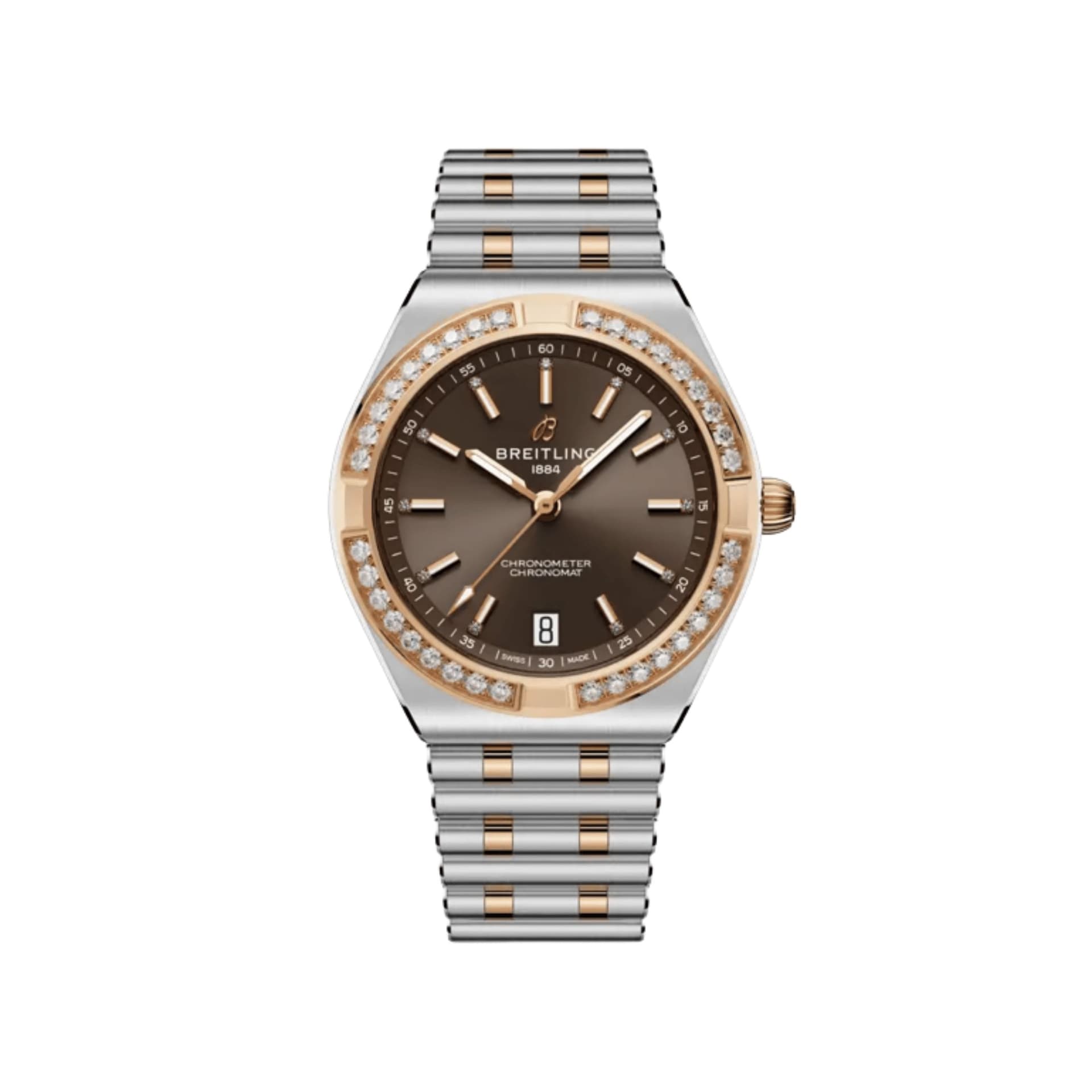 Breitling Montre Breitling Chronomat automatique cadran chocolat lunette or rouge et sertie de diamants bracelet acier Rouleaux 36 mm