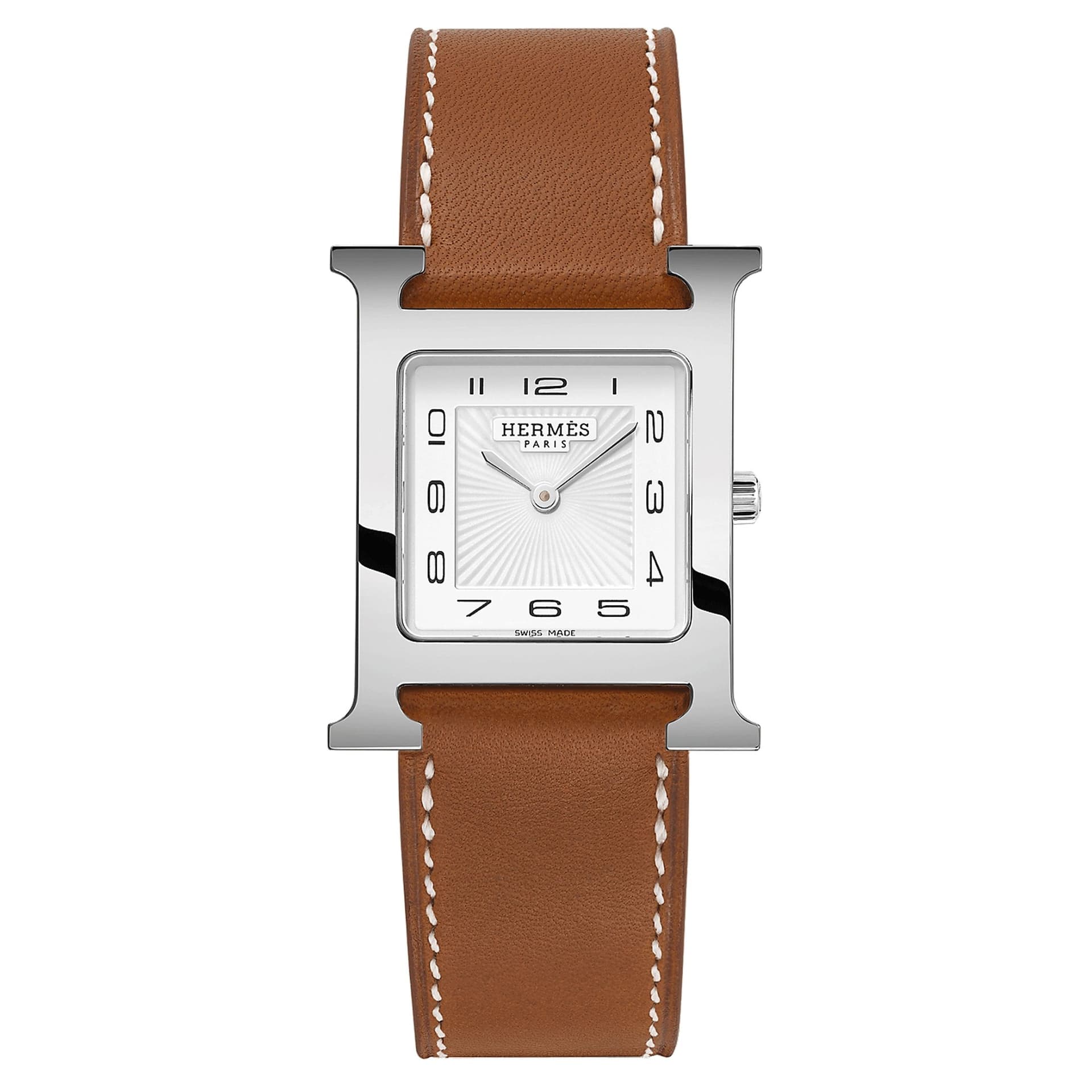 Hermès Montre HERMÈS Heure H Moyen Modèle quartz cadran blanc bracelet cuir Barénia marron 30 mm