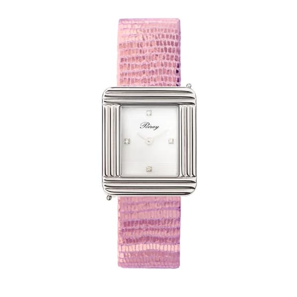 Poiray Montre Poiray Ma Première Cadran Blanc Serti Bracelet Chèvre Rose