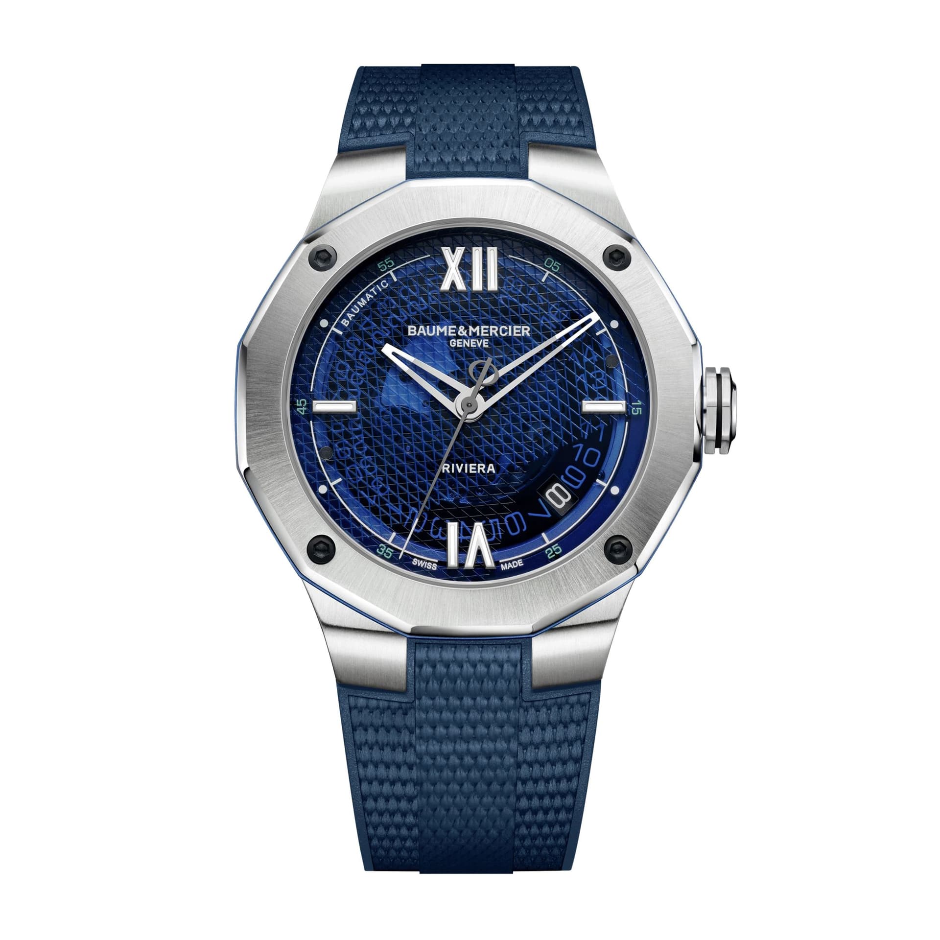 Baume & Mercier Montre Baume et Mercier Riviera automatique cadran bleu transparent bracelet caoutchouc bleu 42 mm