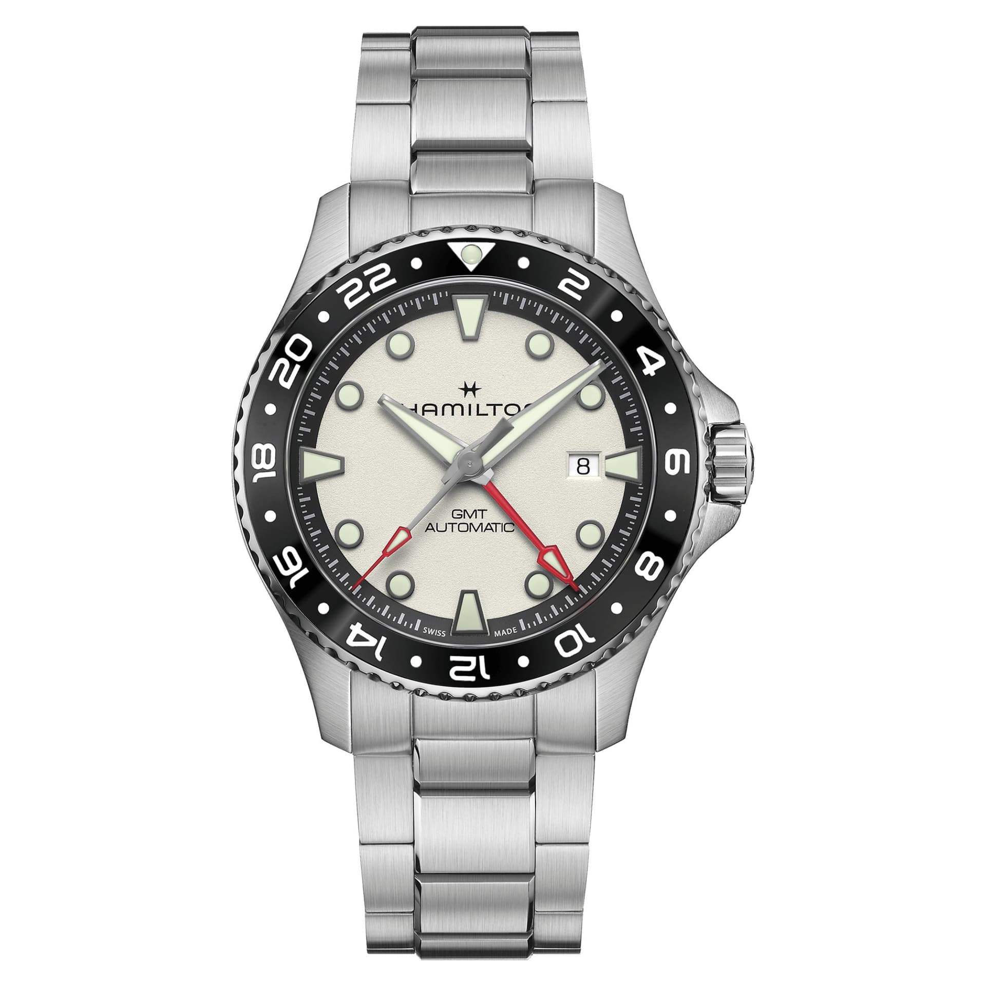 Hamilton Montre Hamilton Khaki Navy Scuba automatique GMT cadran blanc bracelet acier 43 mm