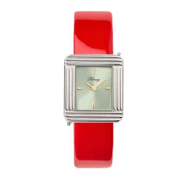 Poiray Montre Poiray Ma Première Acier Cadran Vert Bracelet Veau Vernis Rouge