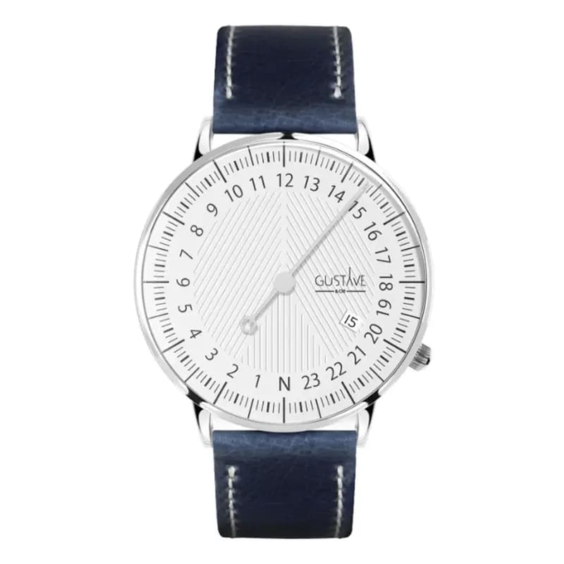Gustave & Cie Montre 24H André Argent & Blanc PU Végétal Bleu Surpiqué 40mm