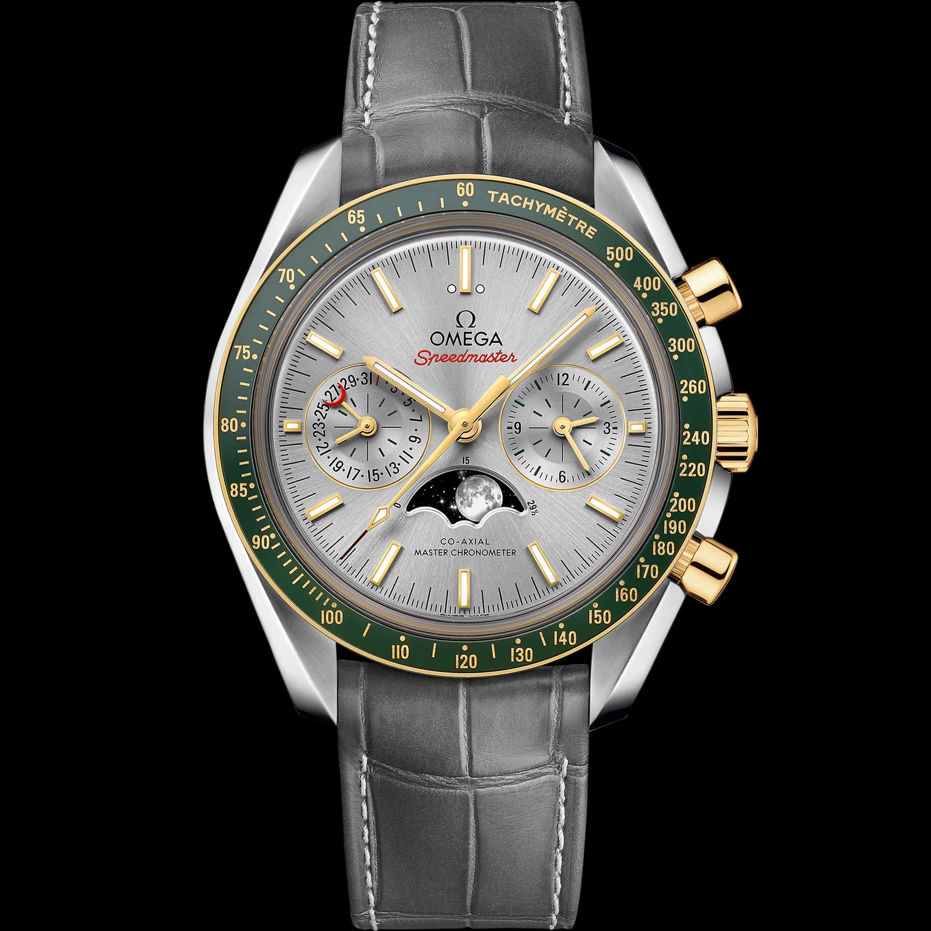 Omega Speedmaster 44,25 mm, acier - or jaune sur bracelet en cuir