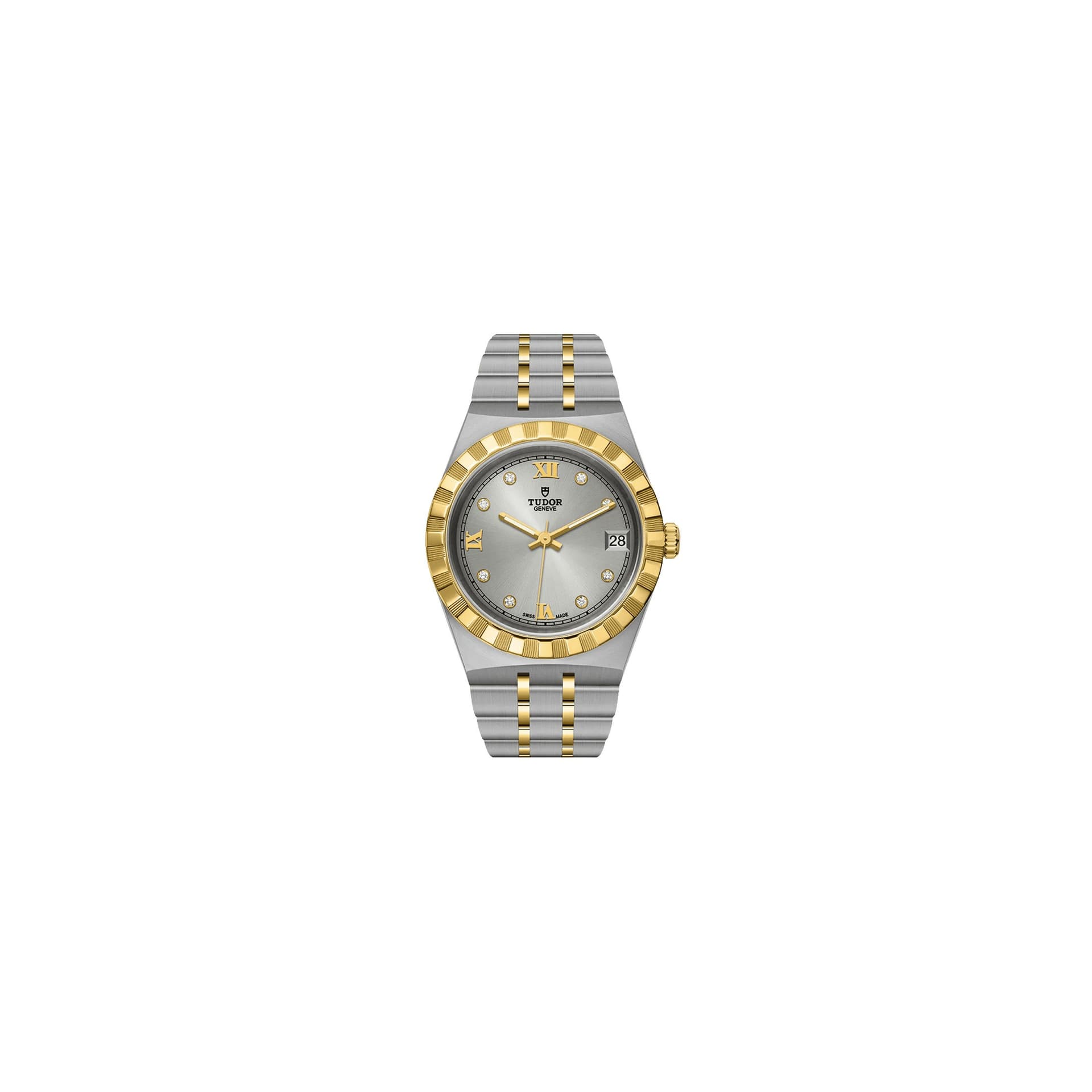 Tudor Montre Tudor Royal automatique index diamants cadran argenté bracelet acier et or jaune 34 mm