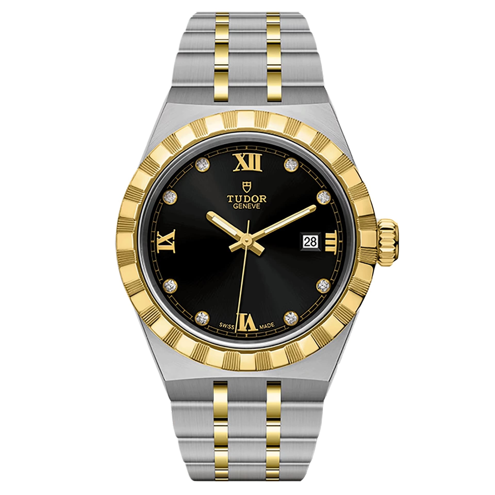 Tudor Montre Tudor Royal automatique index diamants cadran noir bracelet acier et or jaune 28 mm