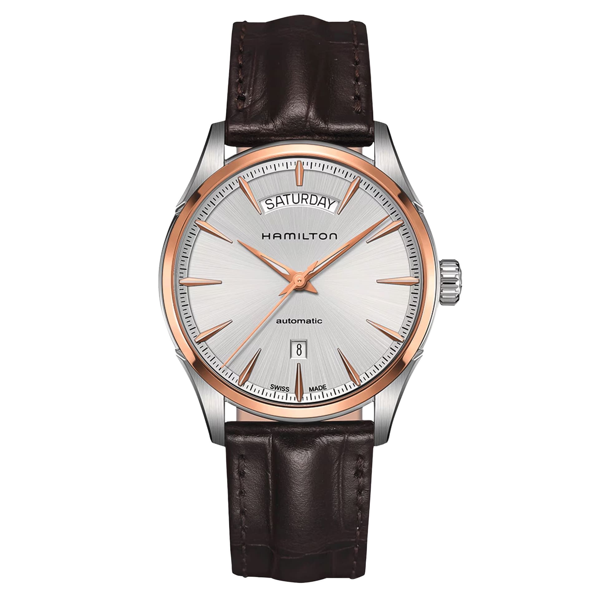 Hamilton Montre Hamilton Jazzmaster Day Date cadran argenté bracelet cuir façon croco brun 42 mm