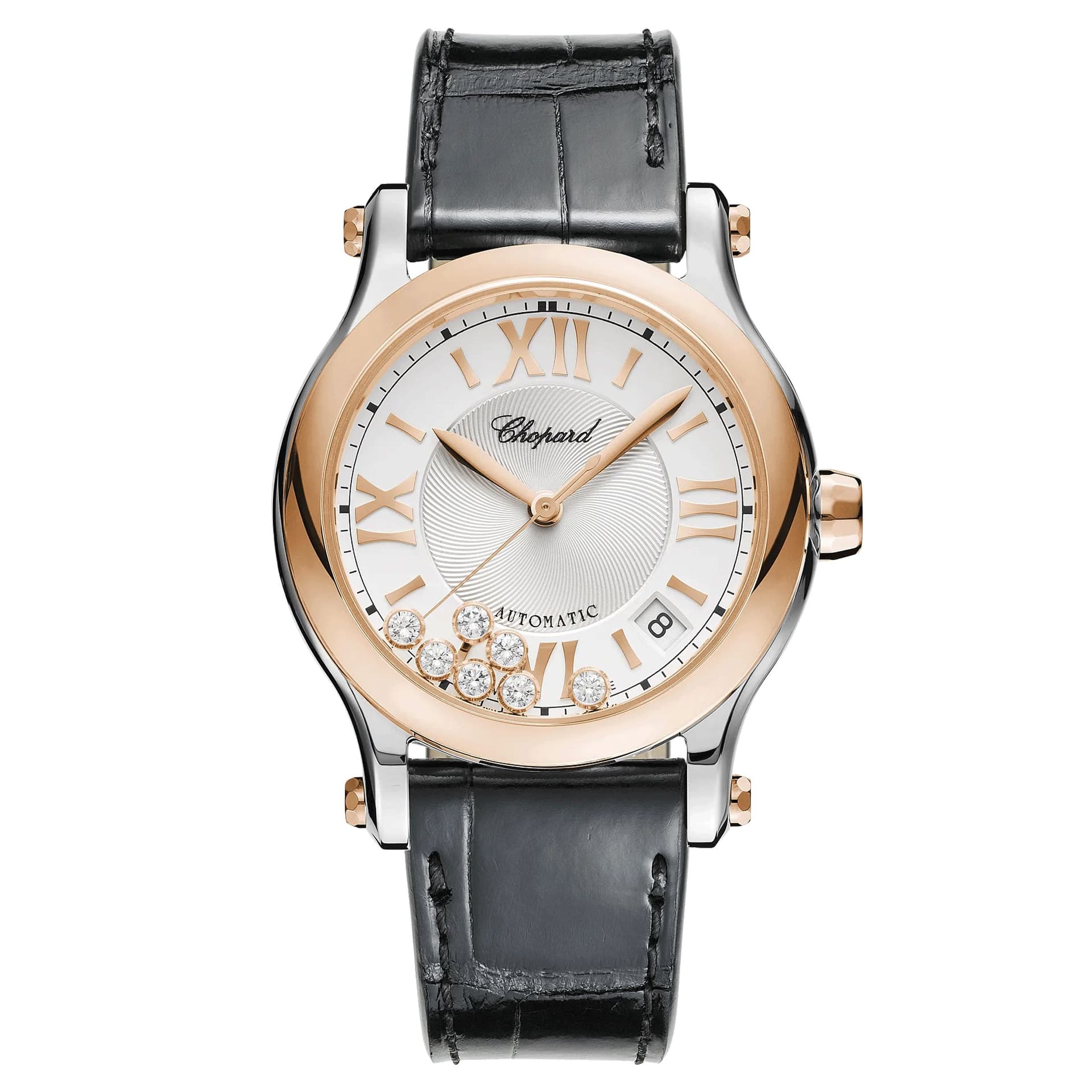 Chopard Montre Chopard Happy Sport automatique lunette or rose cadran argent bracelet cuir noir 36 mm