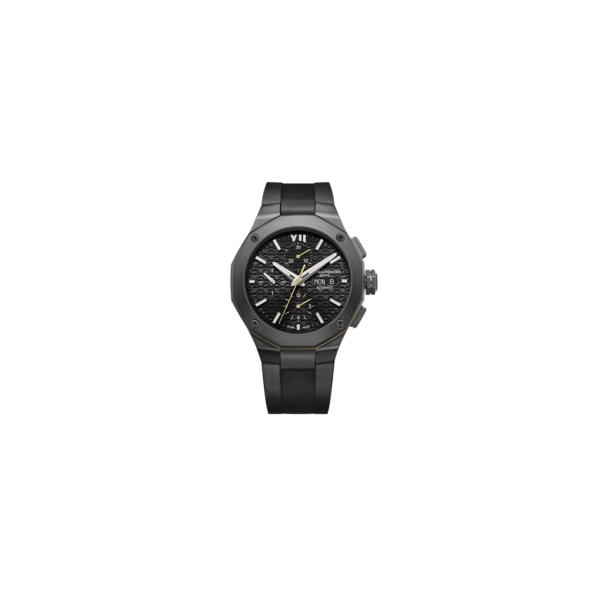 Baume & Mercier Montre Baume et Mercier Riviera ADLC noir Chronographe automatique cadran noir bracelet caoutchouc noir 43 mm