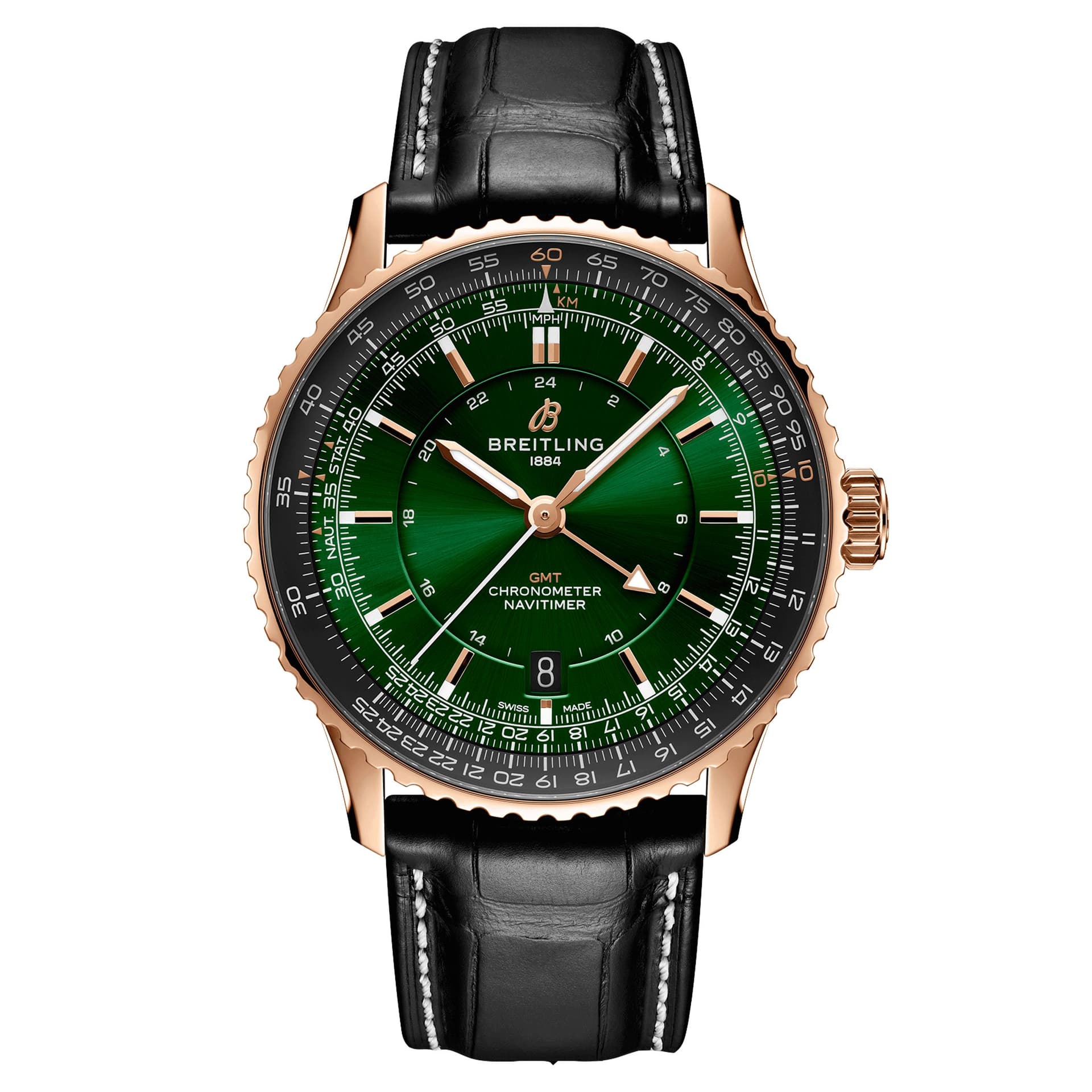 Breitling Montre Breitling Navitimer GMT 2024 Or Rose automatique cadran vert bracelet cuir noir 41 mm
