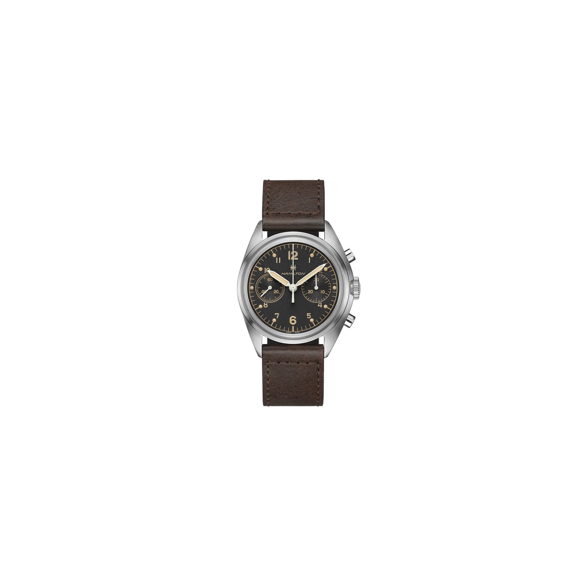 Hamilton Montre Hamilton Khaki Aviation Pioneer Chrono mécanique cadran noir bracelet cuir brun vieilli 40 mm