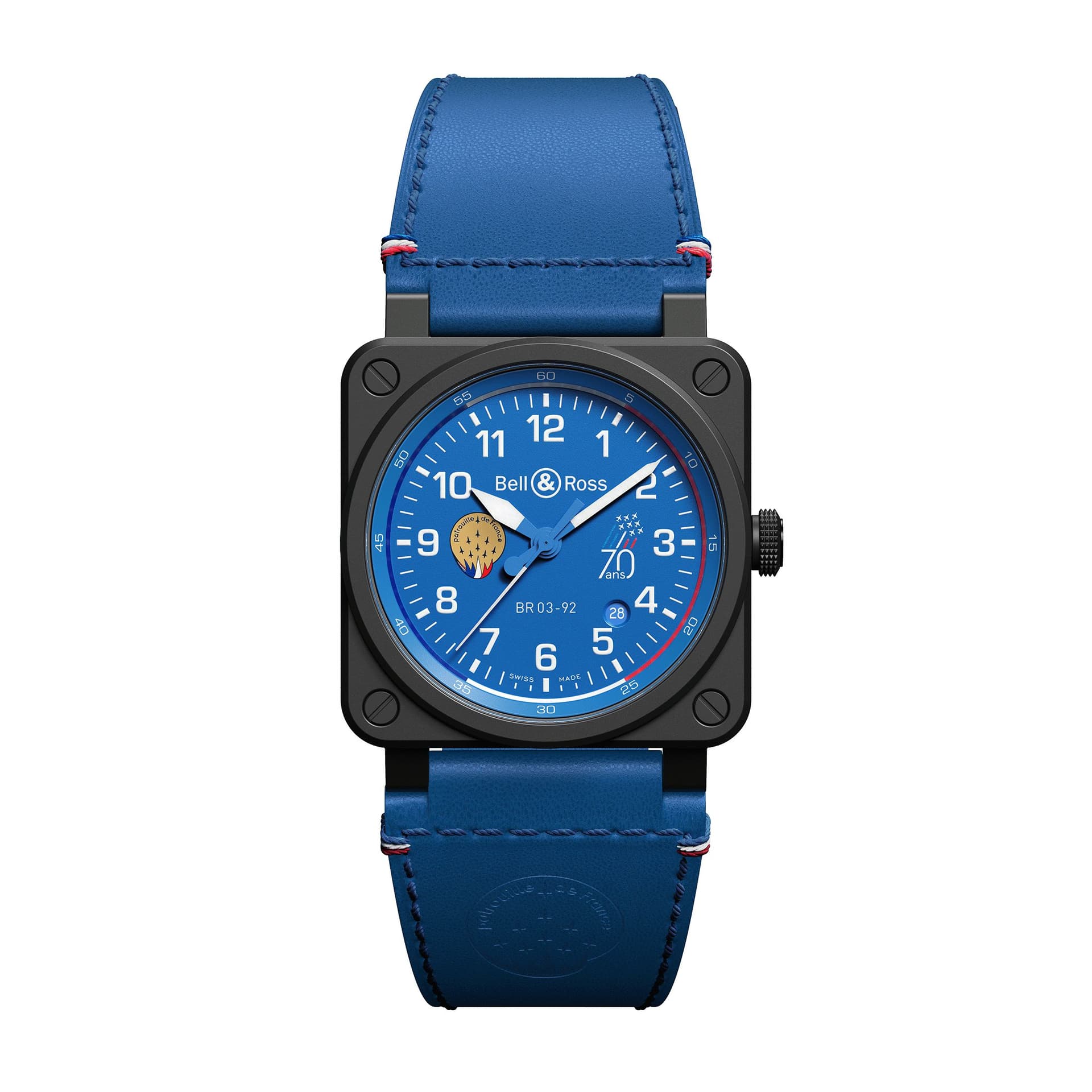 Bell & Ross Montre Bell &amp; Ross BR 03-92 Patrouille de France 70ème Anniversaire céramique automatique cadran bleu bracelet cuir 42 mm