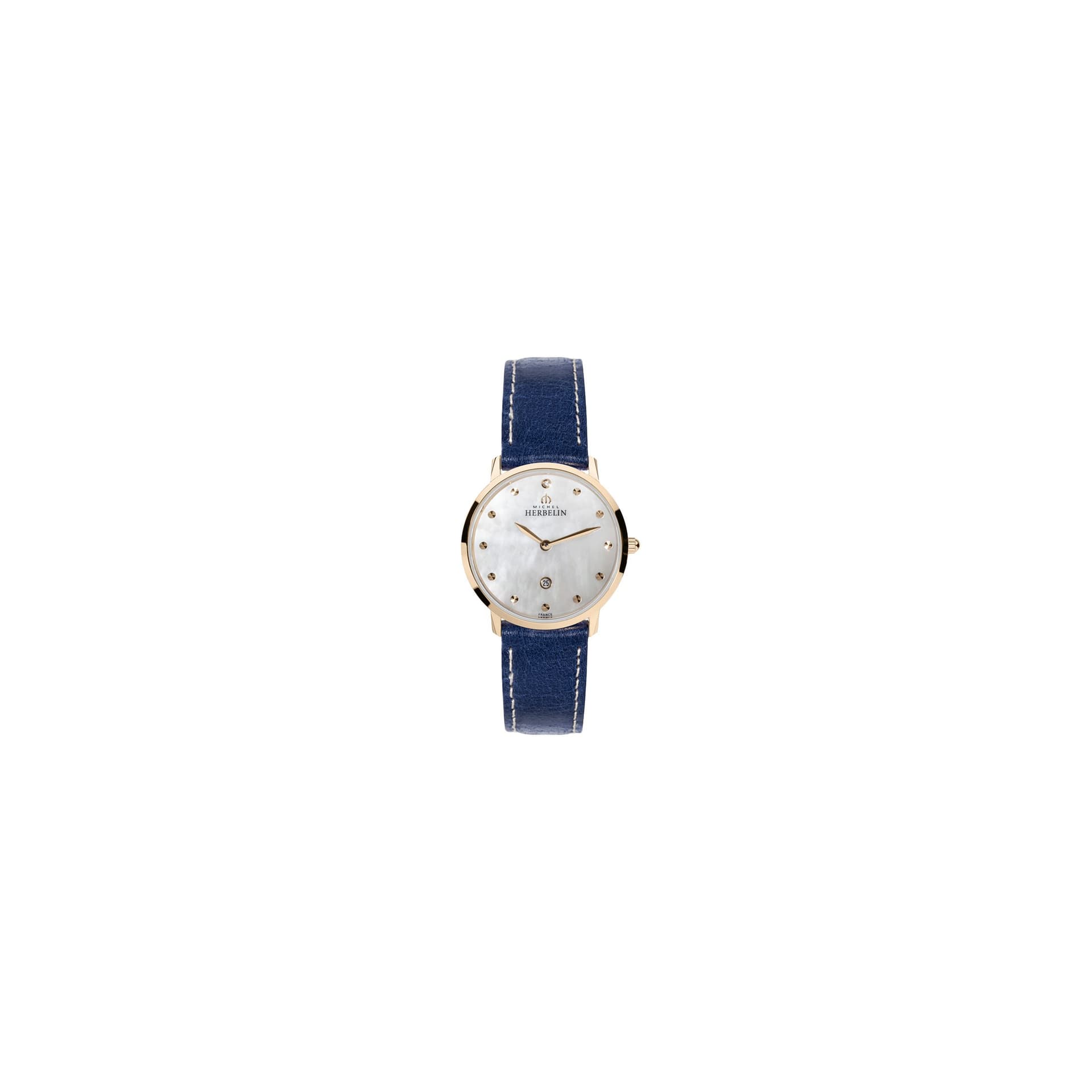 Michel Herbelin Montre Michel Herbelin City Lady quartz acier PVD doré rose cadran nacre bracelet cuir bleu 30,5 mm