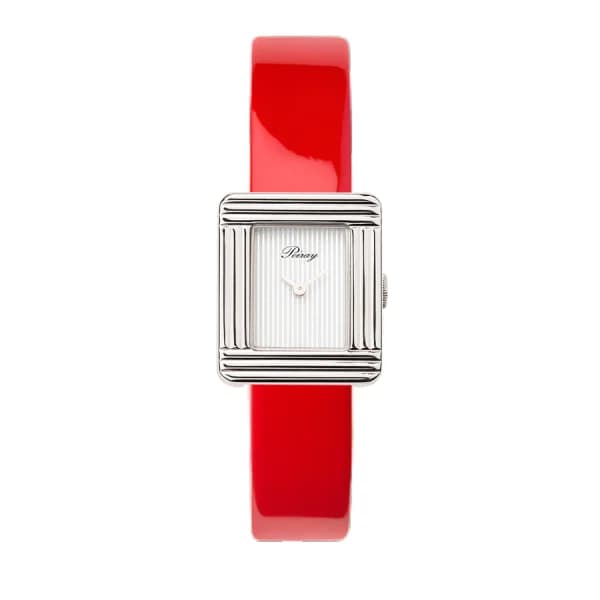 Poiray Montre Poiray Ma Première Mini Acier Cadran Ligné Bracelet Veau Vernis Rouge
