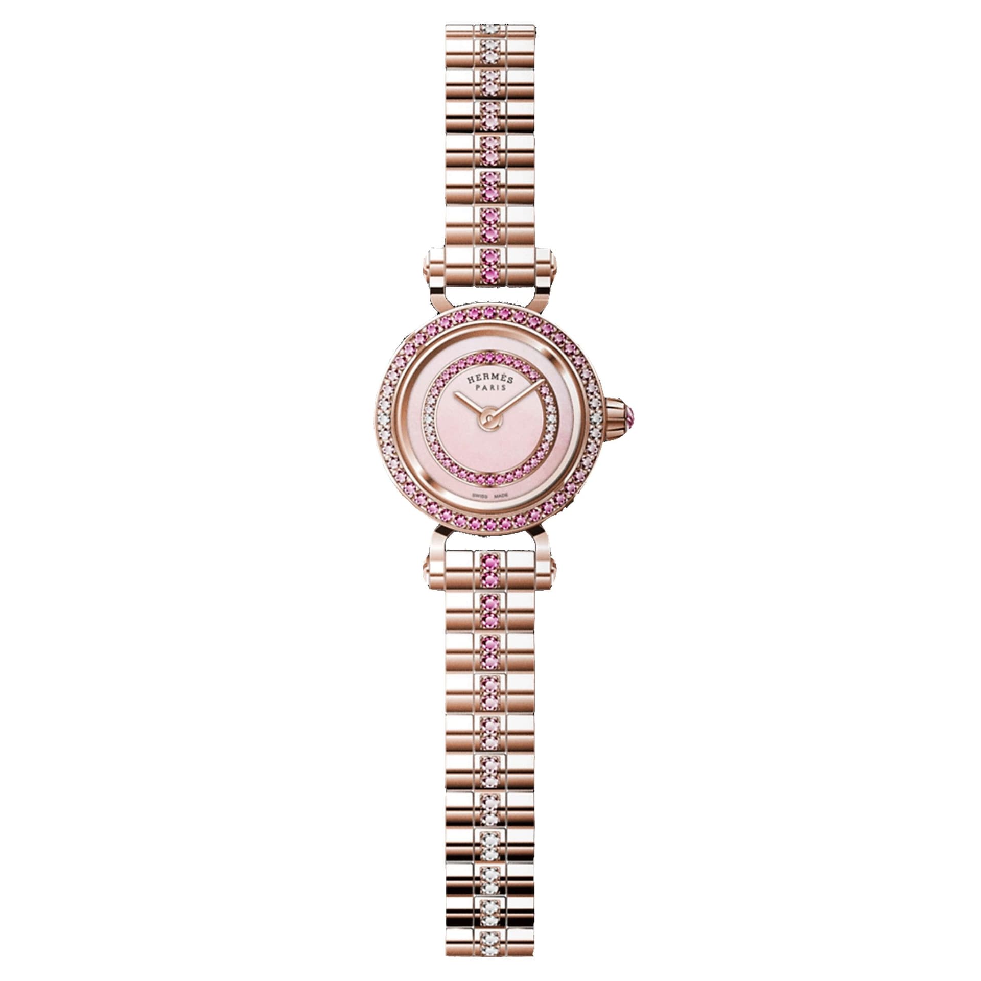 Hermès Montre HERMÈS Faubourg Mini Modèle Or Rose quartz lunette sertie cadran rose bracelet or rose diamants 15 mm