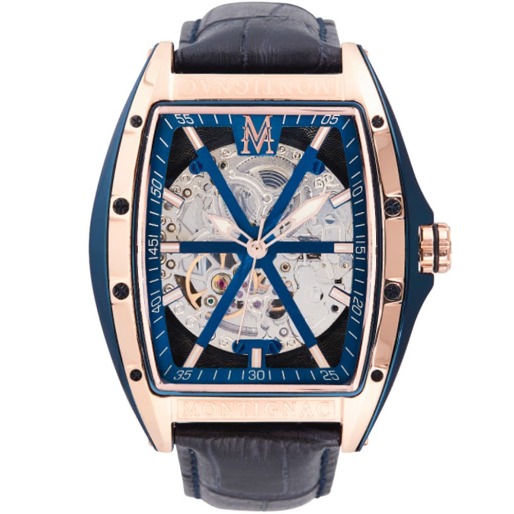 Montignac Montre Automatique Montignac Collection Tonneau en Cuir Bleu