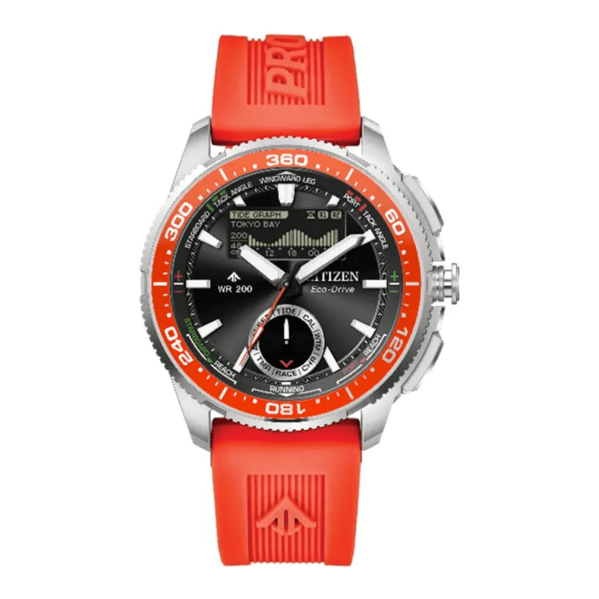 Citizen Montre Citizen Promaster Marine Wave Tracker Eco-Drive cadran noir bracelet orange caoutchouc 42 mm