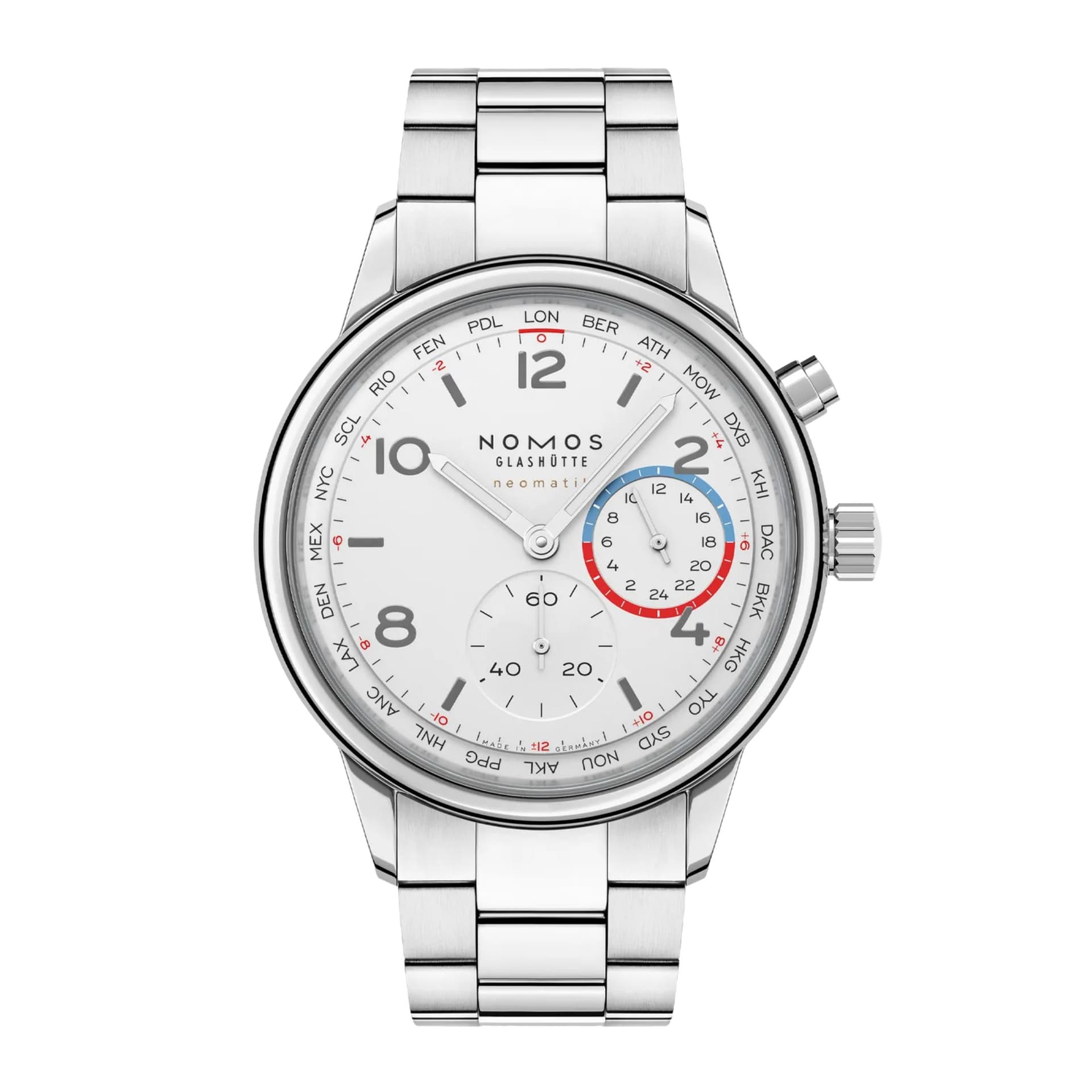 Nomos Montre Nomos Club Sport Neomatik Worldtimer Mondial cadran argent clair bracelet acier 40 mm