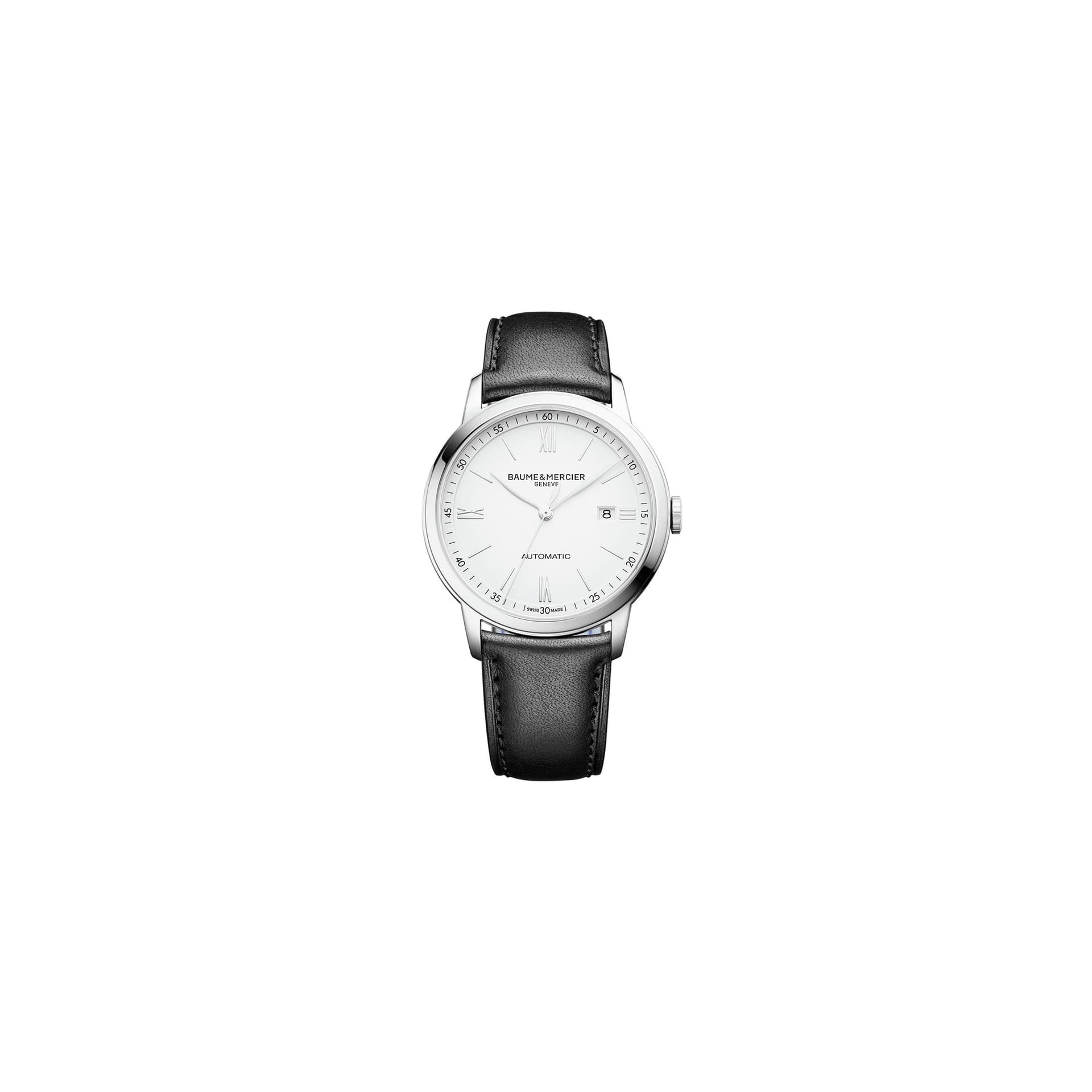 Baume & Mercier Montre Baume et Mercier Classima automatique cadran blanc bracelet cuir veau noir 42 mm