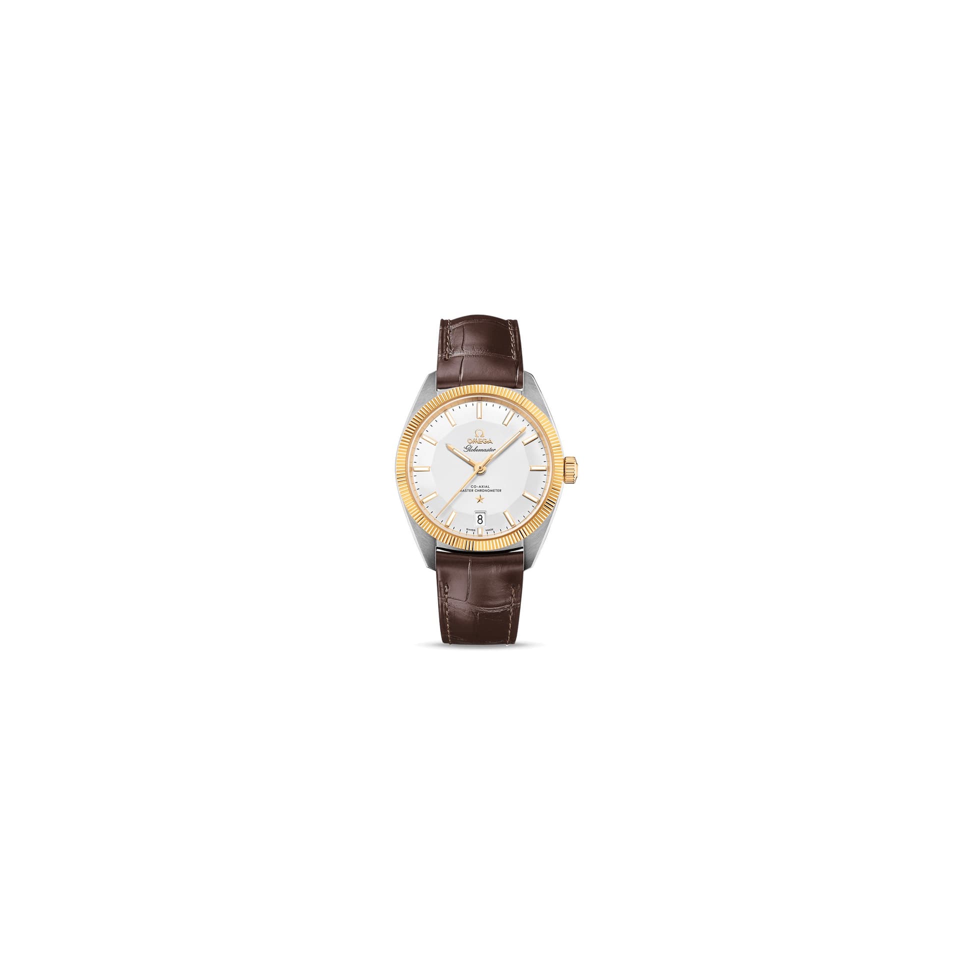 Omega Montre Omega Constellation Globemaster Co-Axial Master Chronometer cadran argent bracelet cuir brun 39 mm