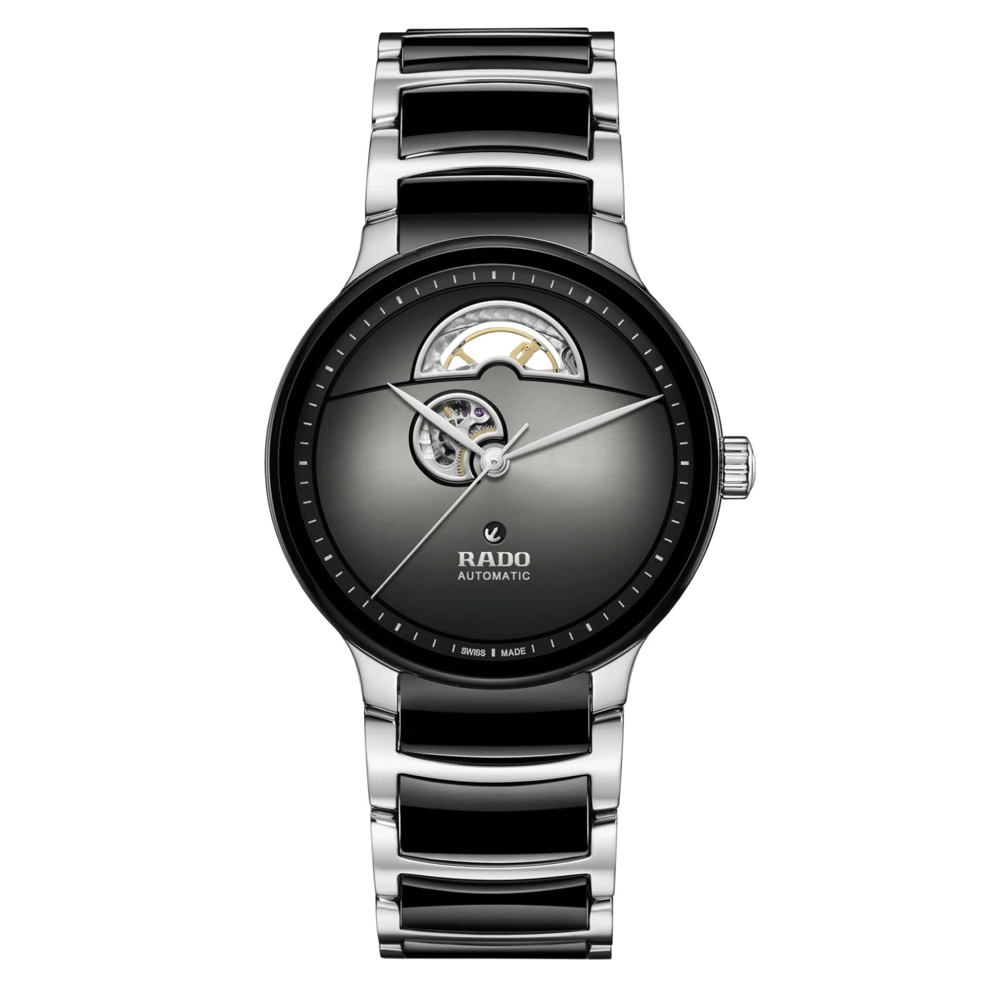 Rado Montre Rado Centrix Open Heart automatique cadran gris bracelet acier et céramique noire 39,5 mm