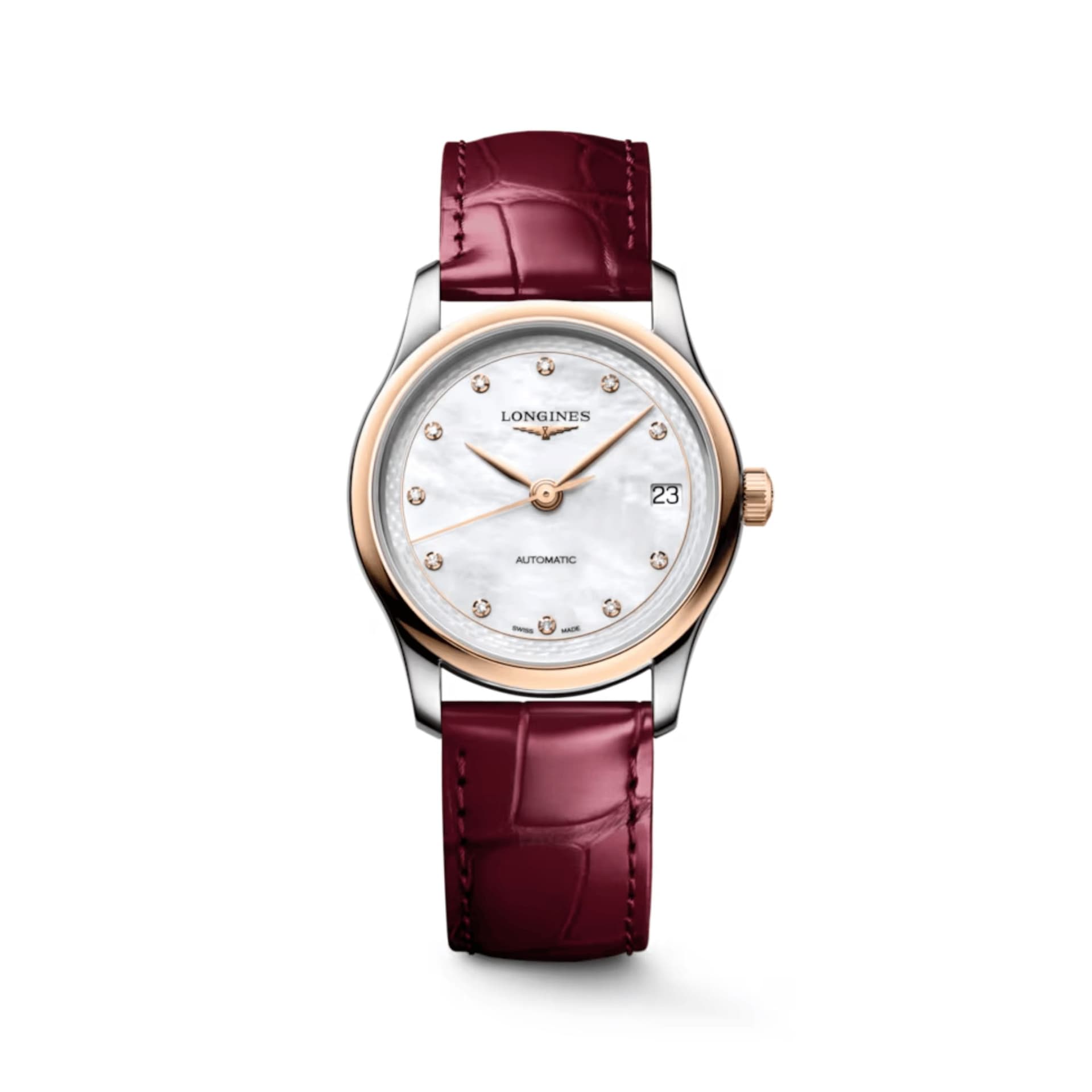 Longines Montre Longines Master Collection automatique cadran nacre blanche bracelet cuir rouge 30 mm