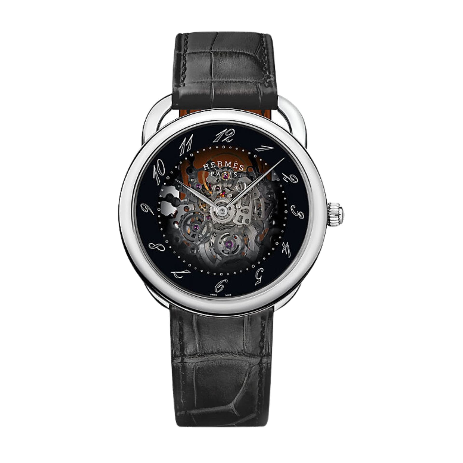 Hermès Montre HERMÈS Arceau automatique cadran noir squelette bracelet cuir noir 40 mm