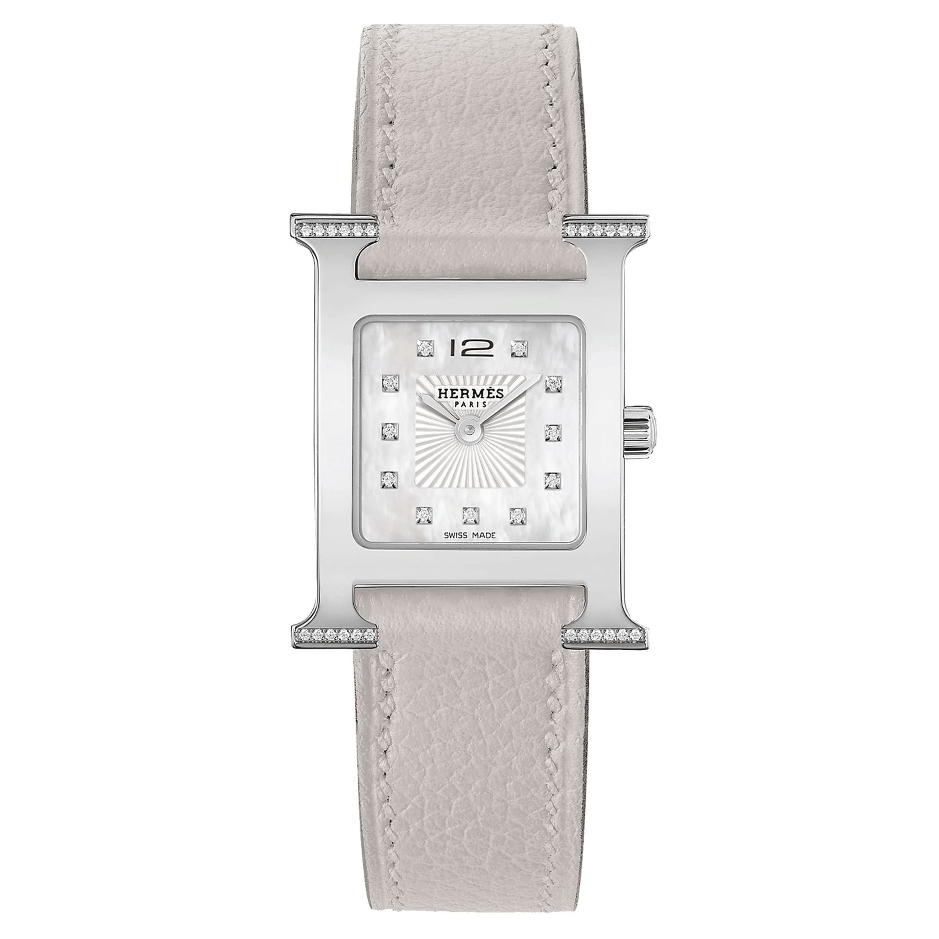 Hermès Montre HERMÈS Heure H Petit Modèle sertie quartz index diamants cadran nacre blanche bracelet cuir gris 25 mm