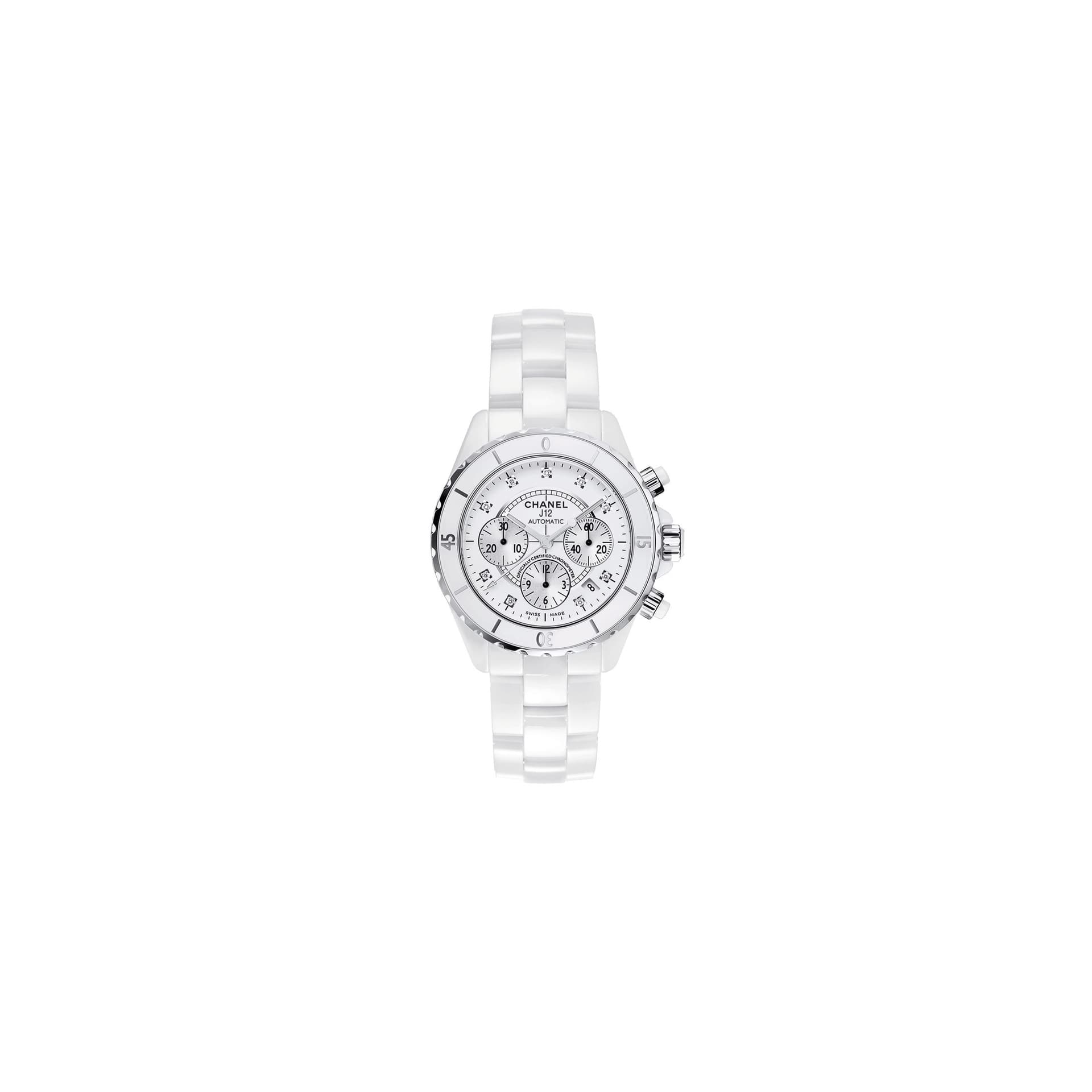 Chanel Montre CHANEL J12 chronographe index diamants bracelet céramique haute résistance blanche 41 mm