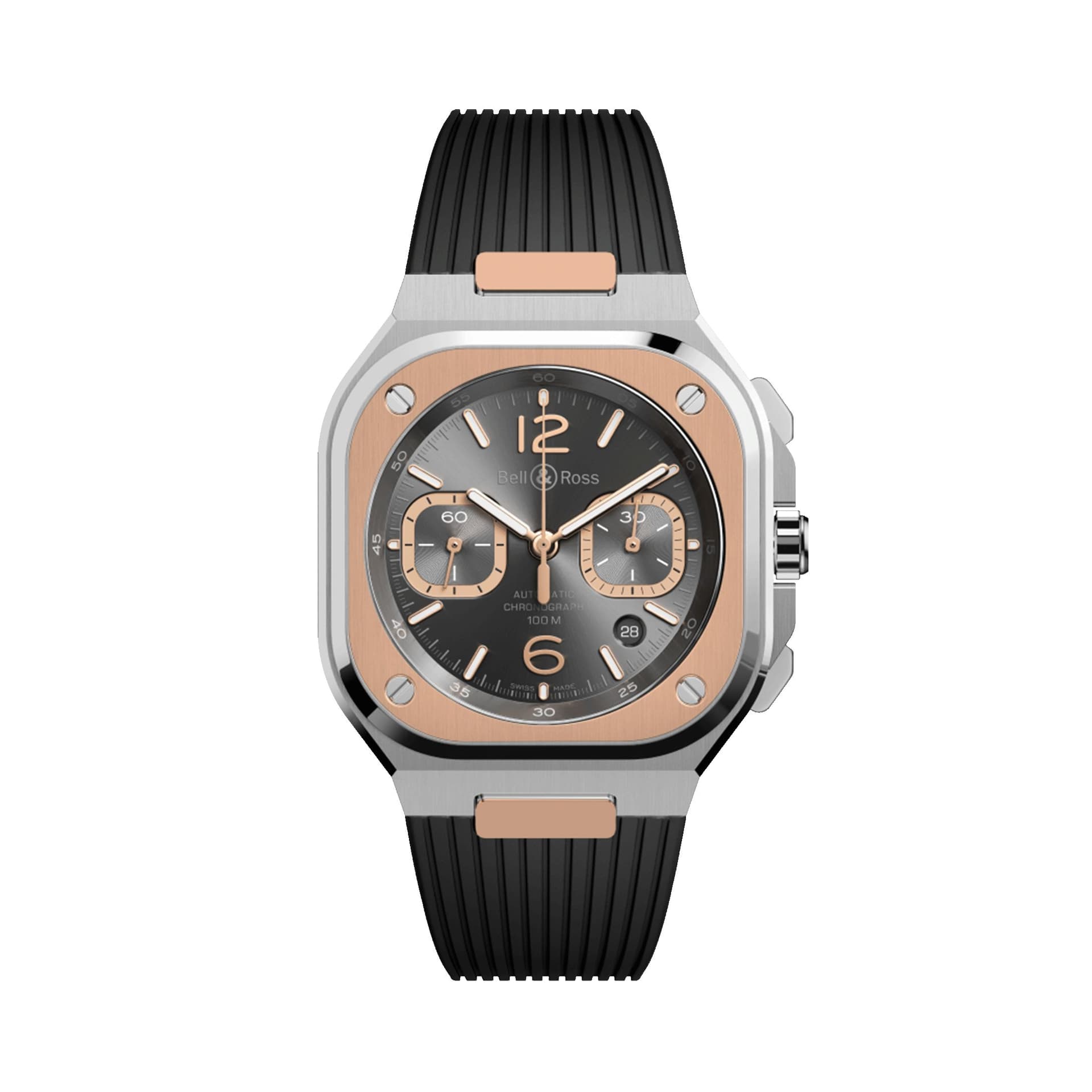 Bell & Ross Montre Bell &amp; Ross BR 05 Chrono Grey Steel &amp; Gold automatique cadran ruthénium bracelet caoutchouc 42 mm