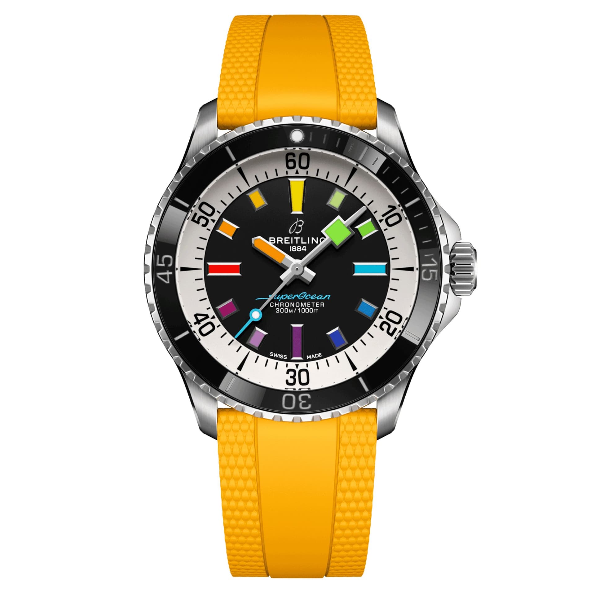 Breitling Montre Breitling Superocean automatique cadran noir bracelet caoutchouc jaune 42 mm