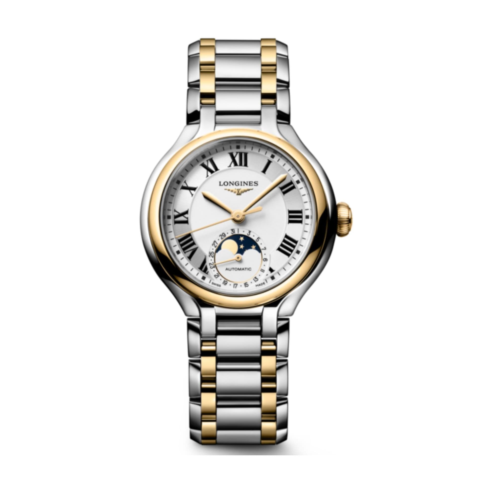 Longines Montre Longines Longines primaluna moonphase 34 mm Automatique Cadran Argenté Bracelet Acier et Or Jaune