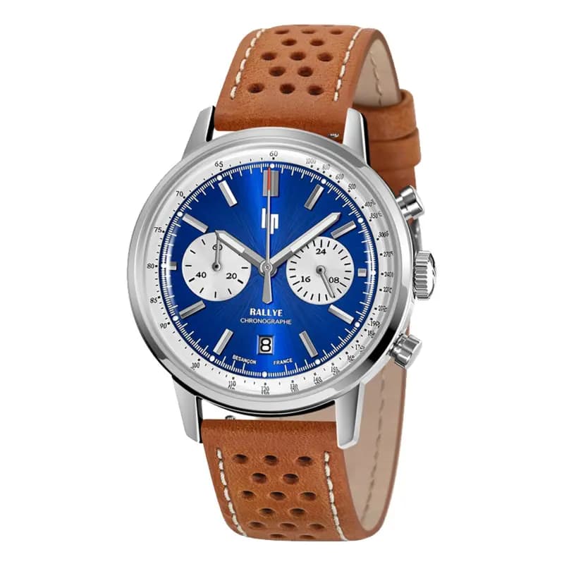 Lip Montre Lip Rallye 39 Chrono Cadran Bleu Bracelet Cuir Brun