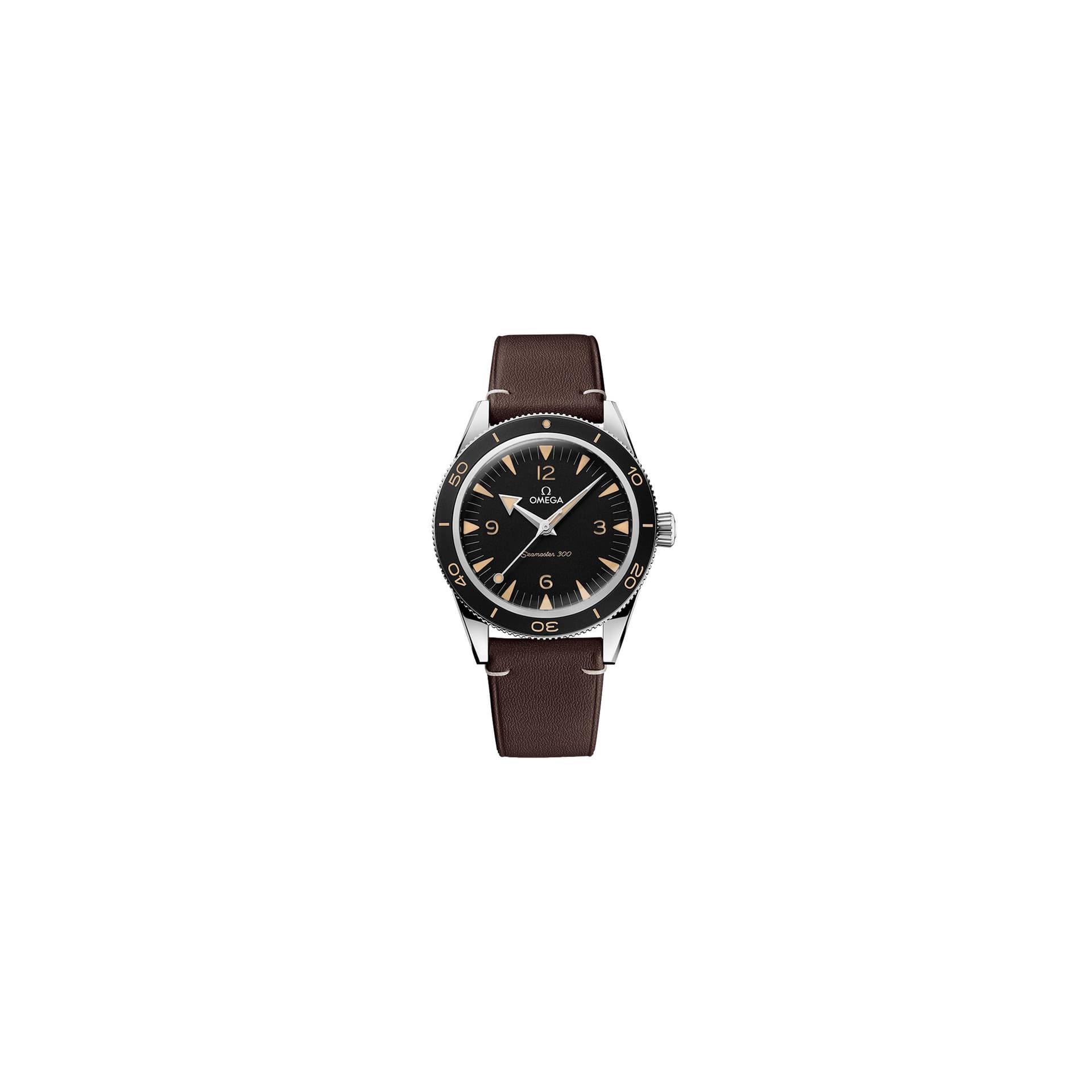 Omega Montre Omega Seamaster 300 automatique Co-Axial cadran noir bracelet cuir brun 41 mm