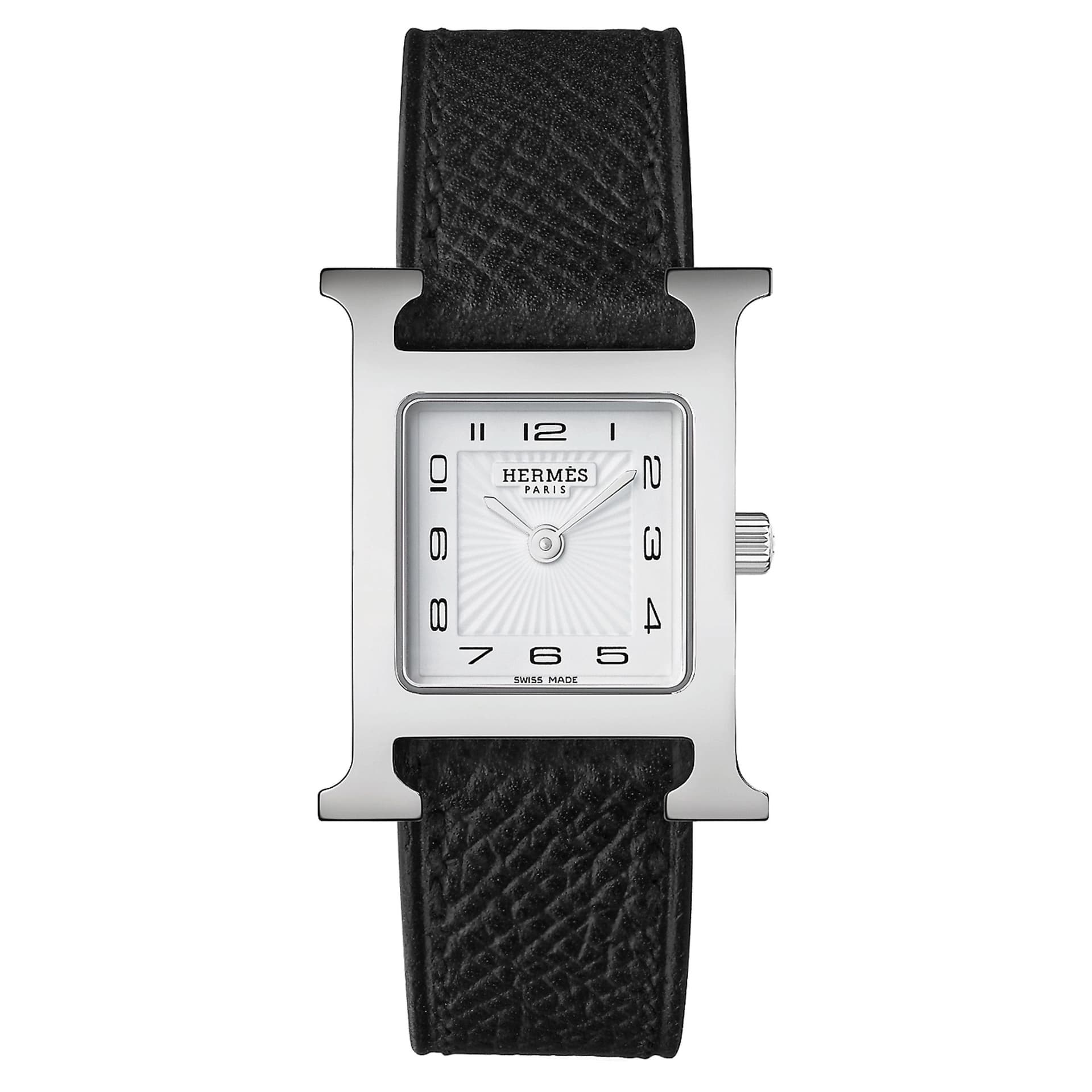Hermès Montre HERMÈS Heure H Petit Modèle quartz cadran blanc bracelet cuir noir 25 mm